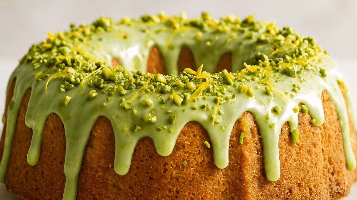 Babeczka pistacjowa z zielonym lukrem i posypką pistacjową na jasnym tle