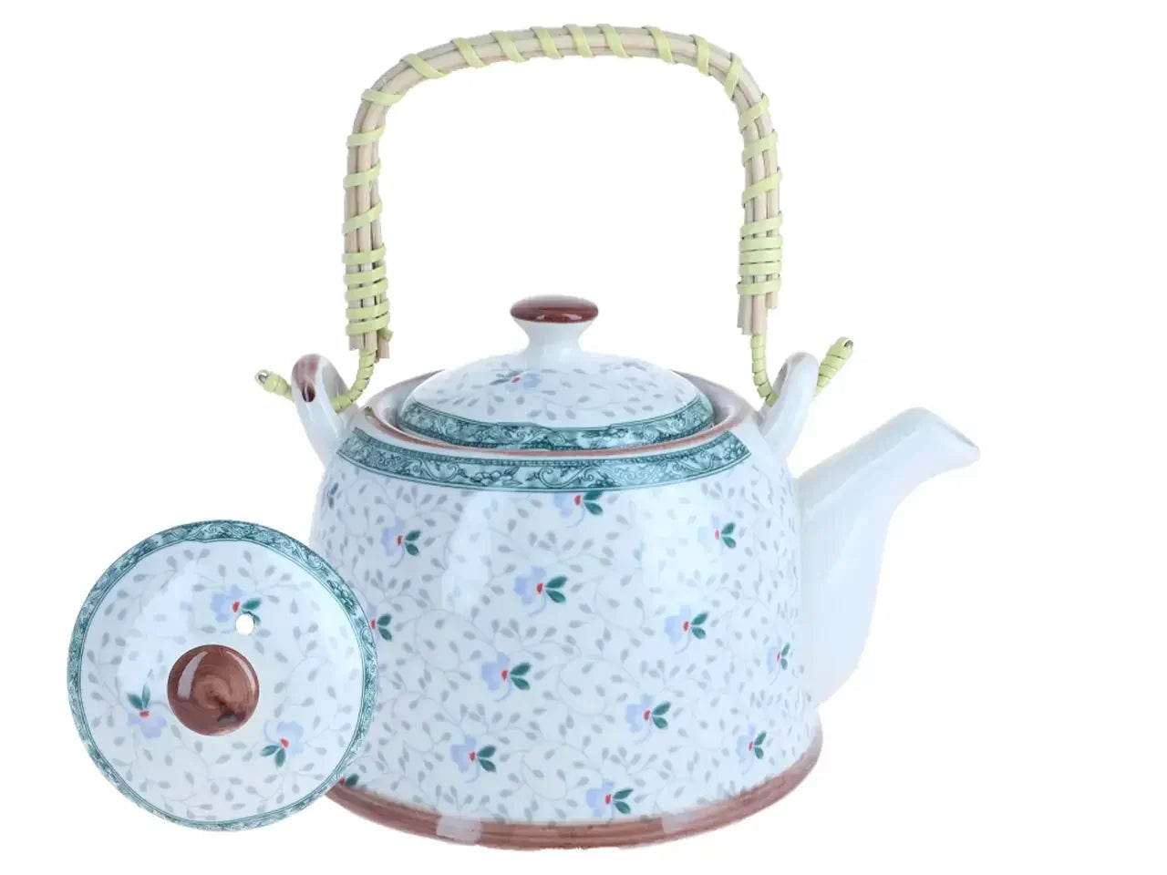 Ceramiczna czajnik z kwiatowym wzorem i rattanowym uchwytem