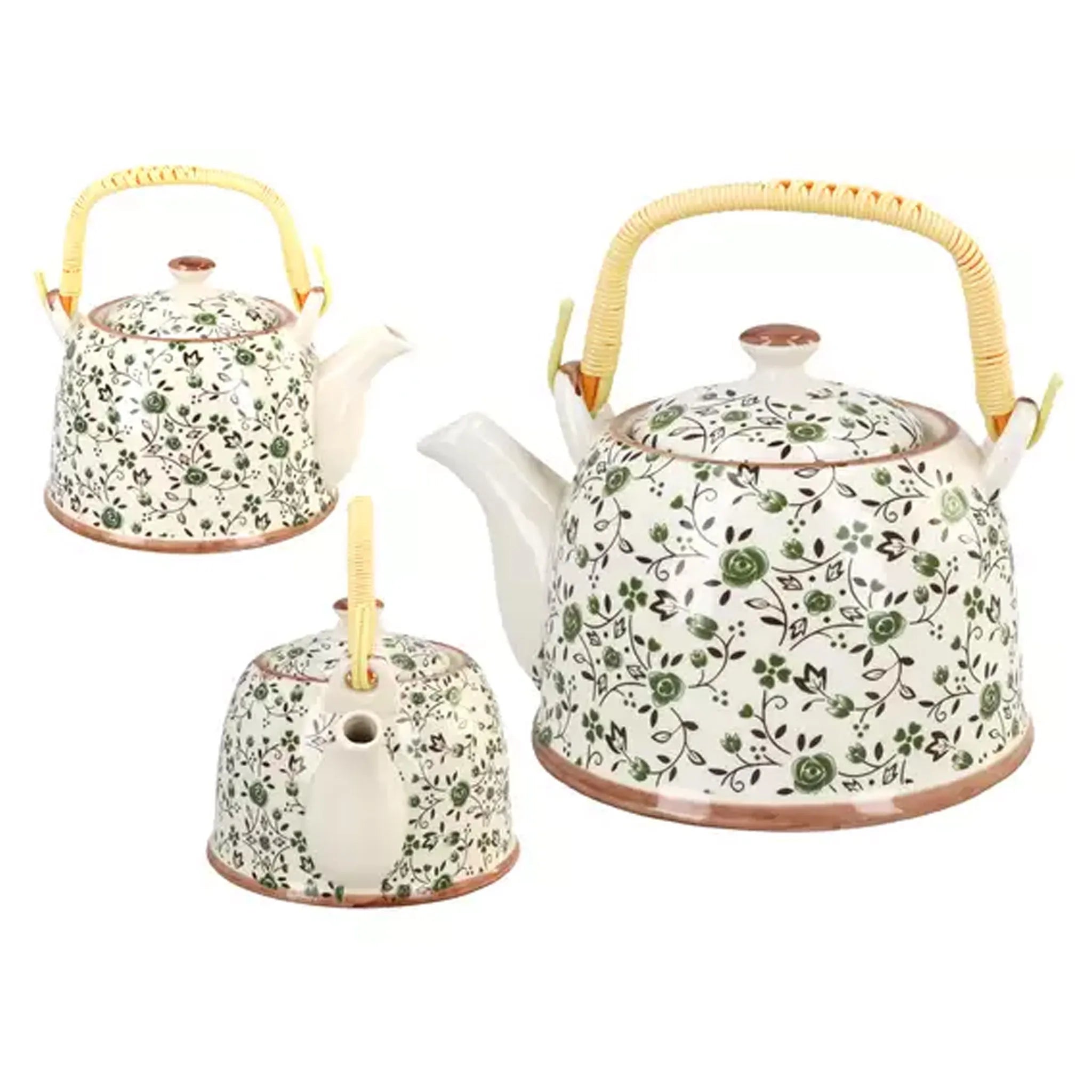 Ceramiczny dzbanek do herbaty w zielone kwiaty (900 ml)