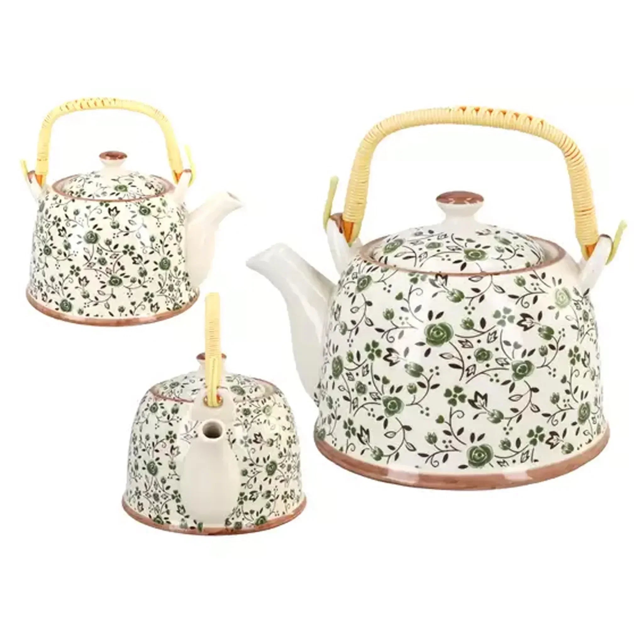 Tetera de cerámica con flores verdes (900 ml)