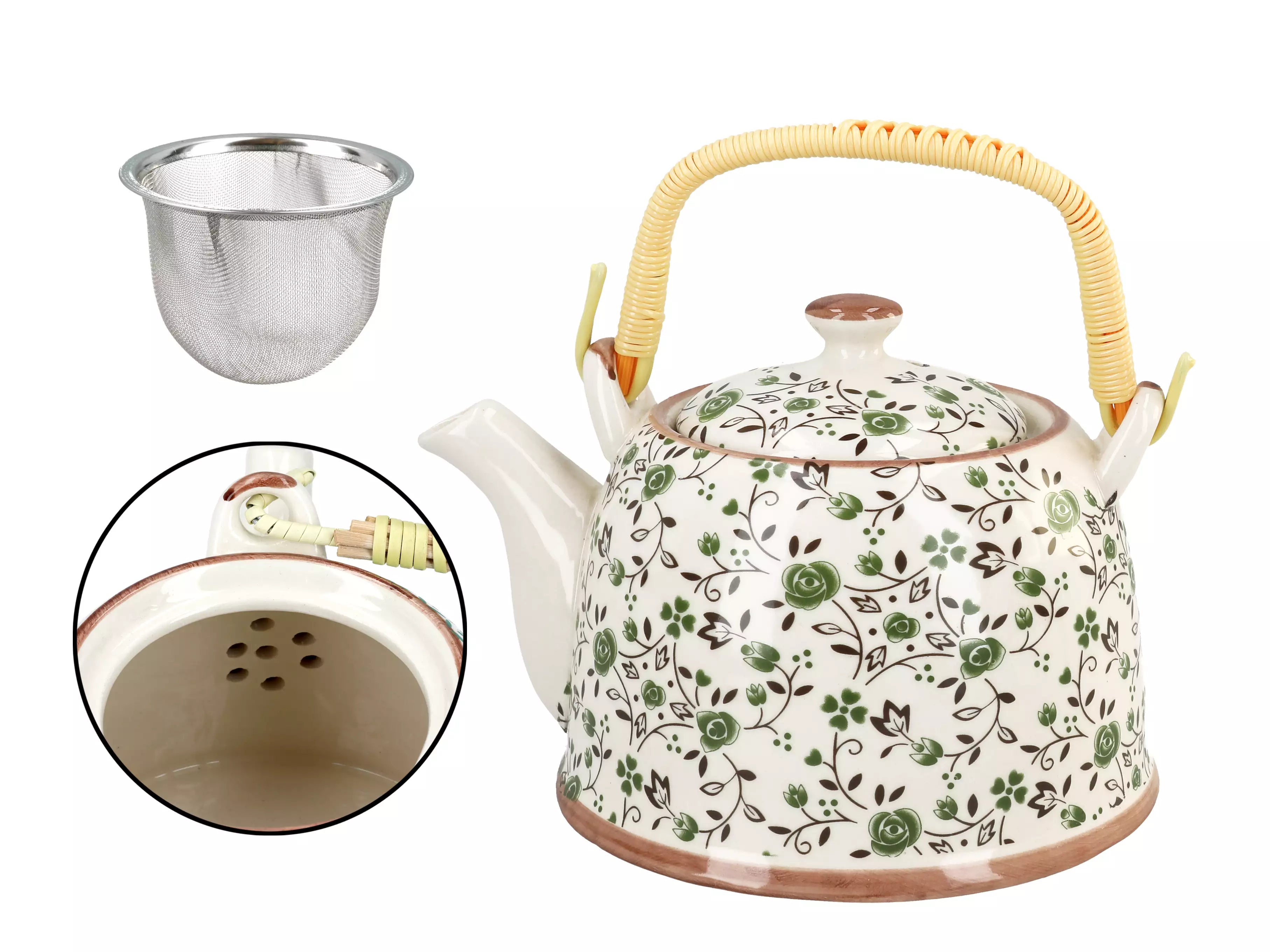 Ceramiczny dzbanek do herbaty w zielone kwiaty (900 ml)