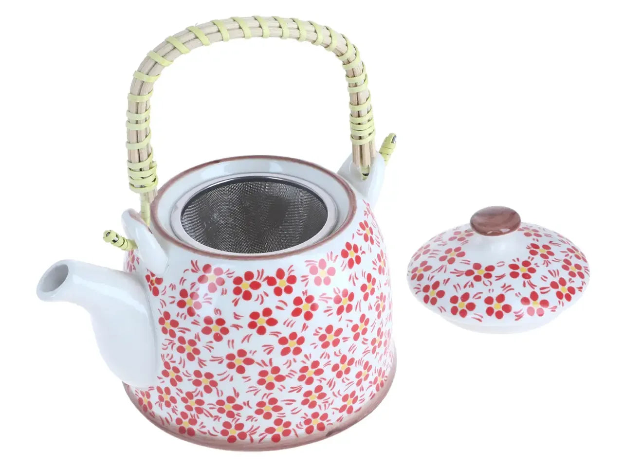 ceramiczny czajnik z zaparzaczem metalowym z czerwonymi detalami