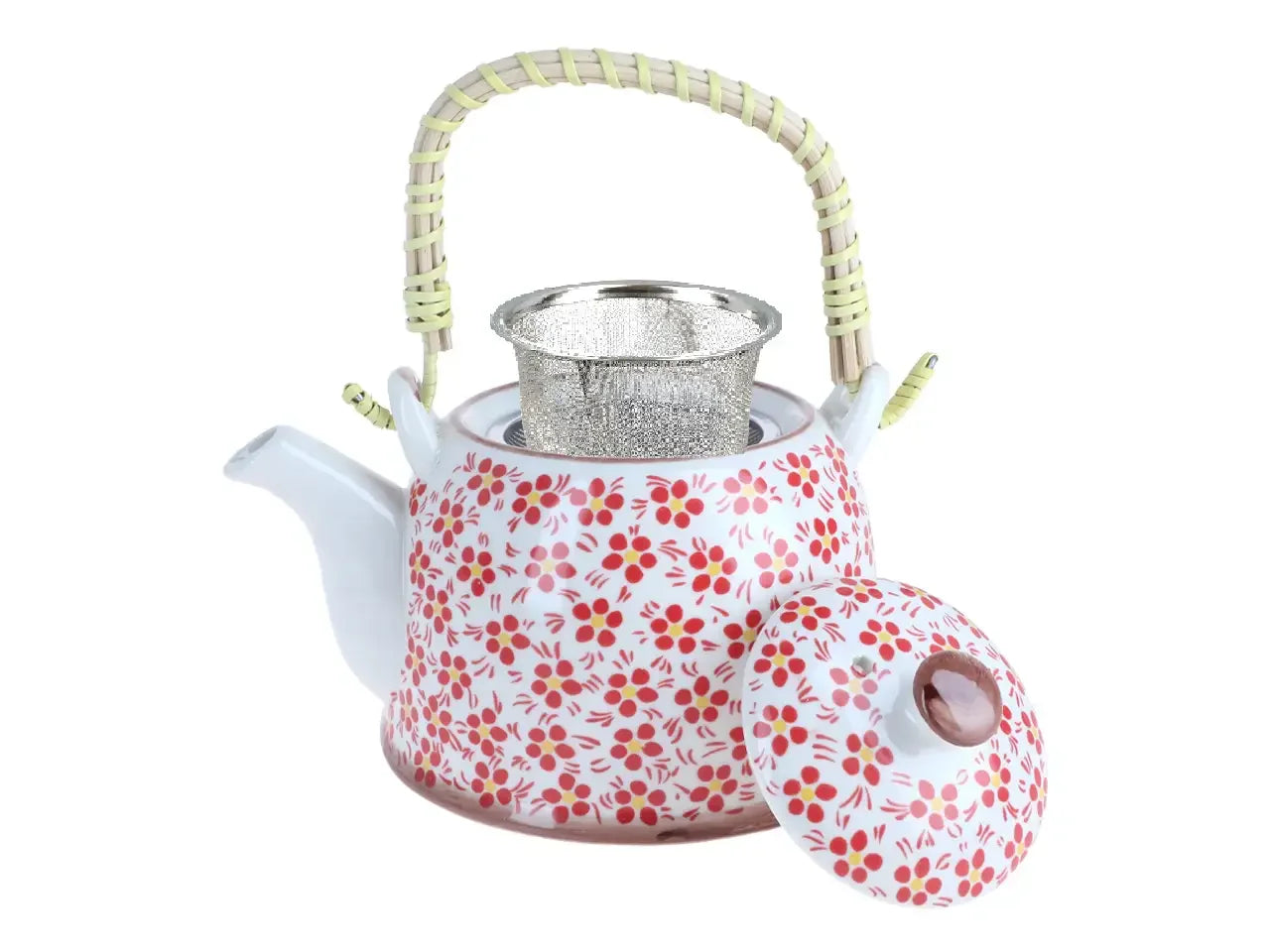 ceramiczny czajnik z czerwonymi detalami i metalowym zaparzaczem