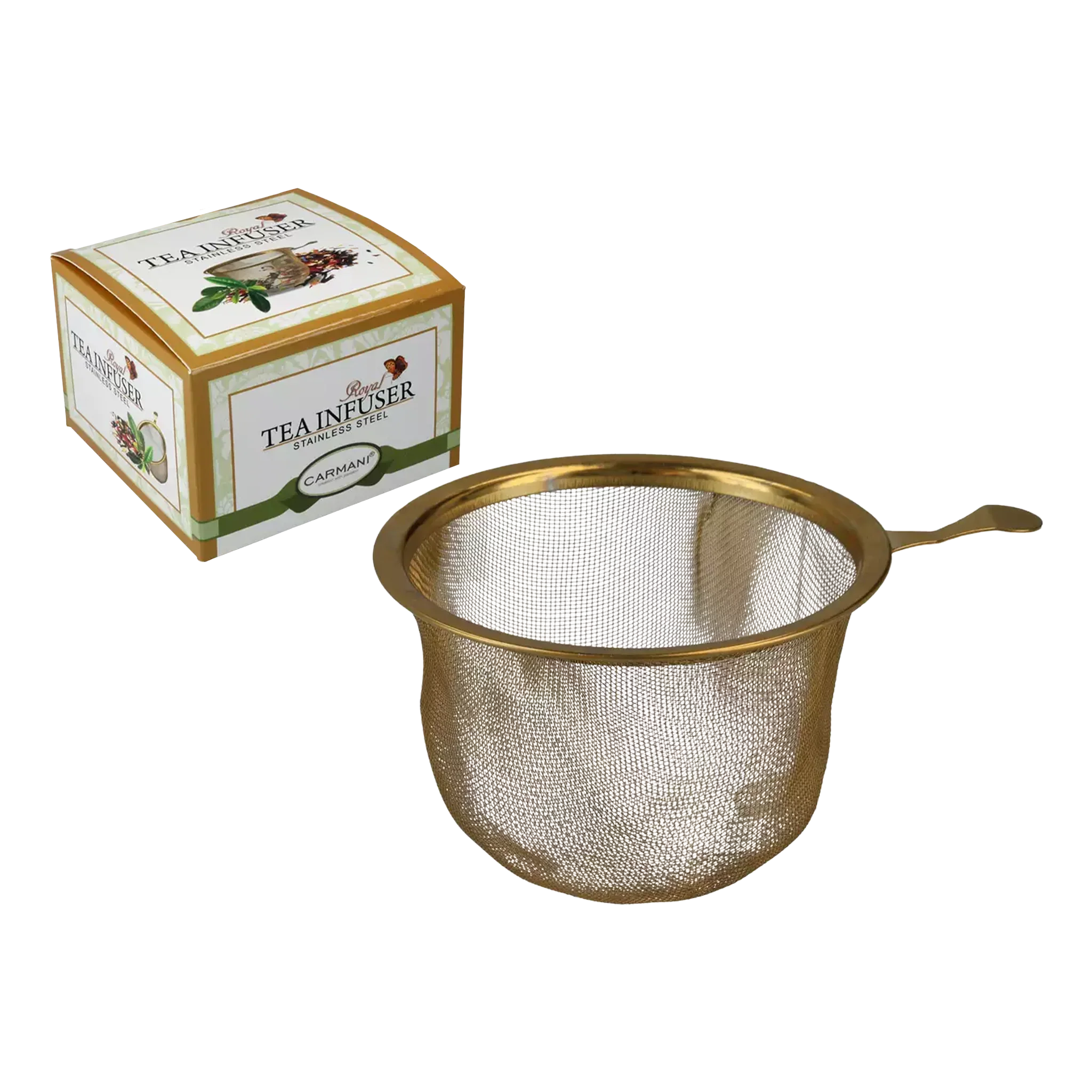 Złote sitko do herbaty z uchwytem Carmani - elegancki zaparzacz do kubka
