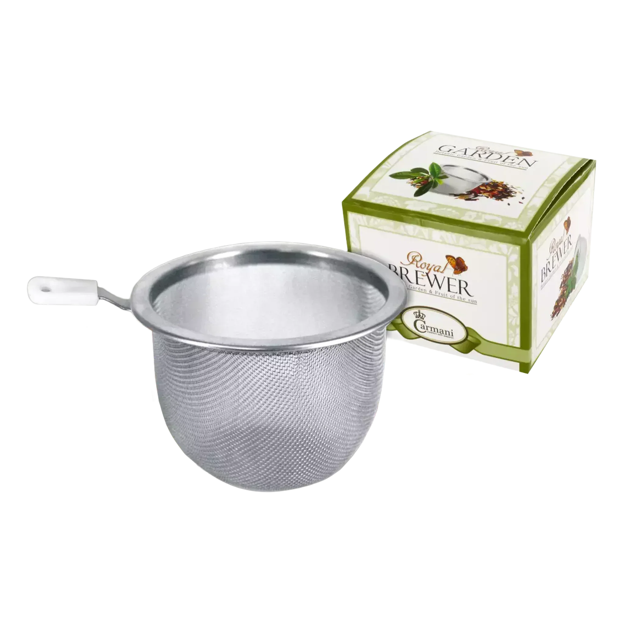 Metalowe sitko do parzenia herbaty z plastikową rączką i opakowaniem Carmani Royal Brewer