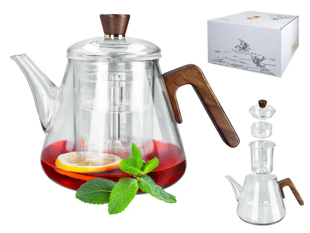 Carafe en verre avec infuseur et poignée en bois (1000 ml)