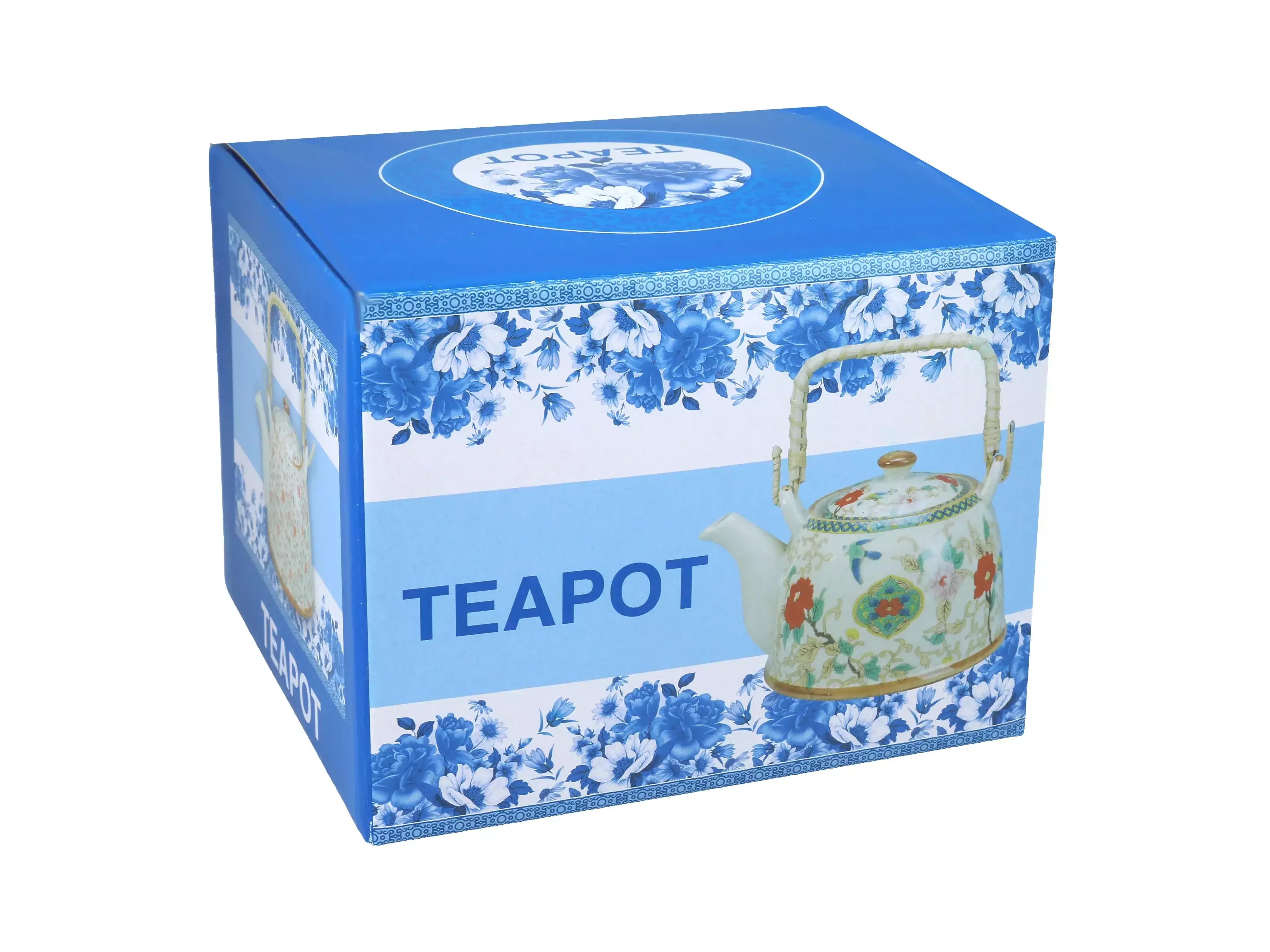 Pudełko niebieskie z kwiatowym wzorem i napisem TEAPOT z obrazem ceramicznego imbryka