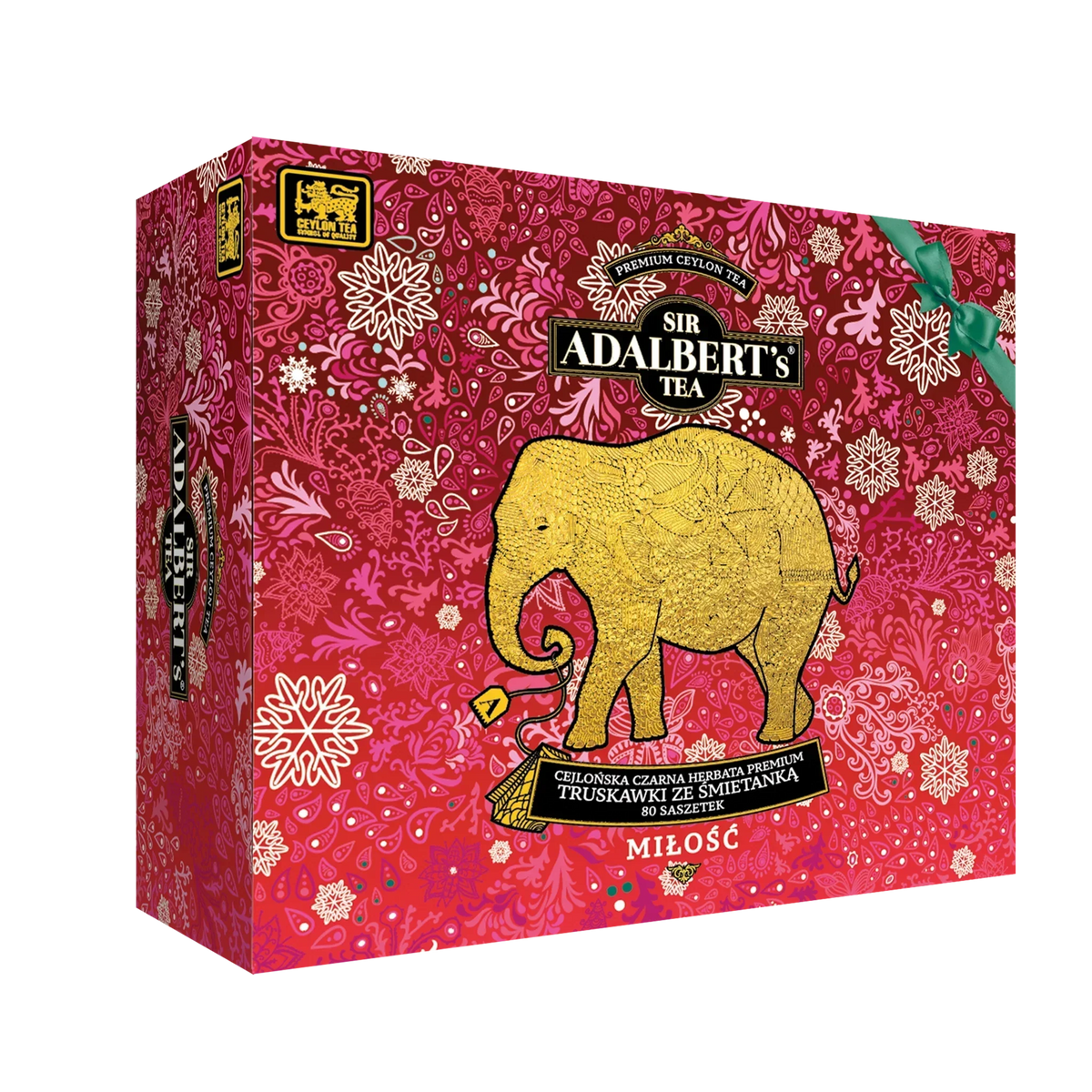 Opakowanie herbaty Sir Adalbert's Tea Premium Cejlońska czarna truskawki ze śmietanką 80 saszetek z złotym słoniem