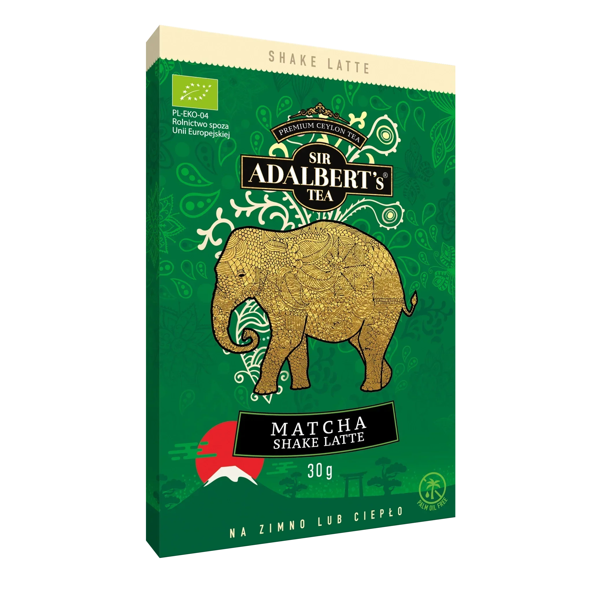 Opakowanie herbaty Sir Adalbert's Matcha Shake Latte 30g z zielonym tłem i złotym słoniem