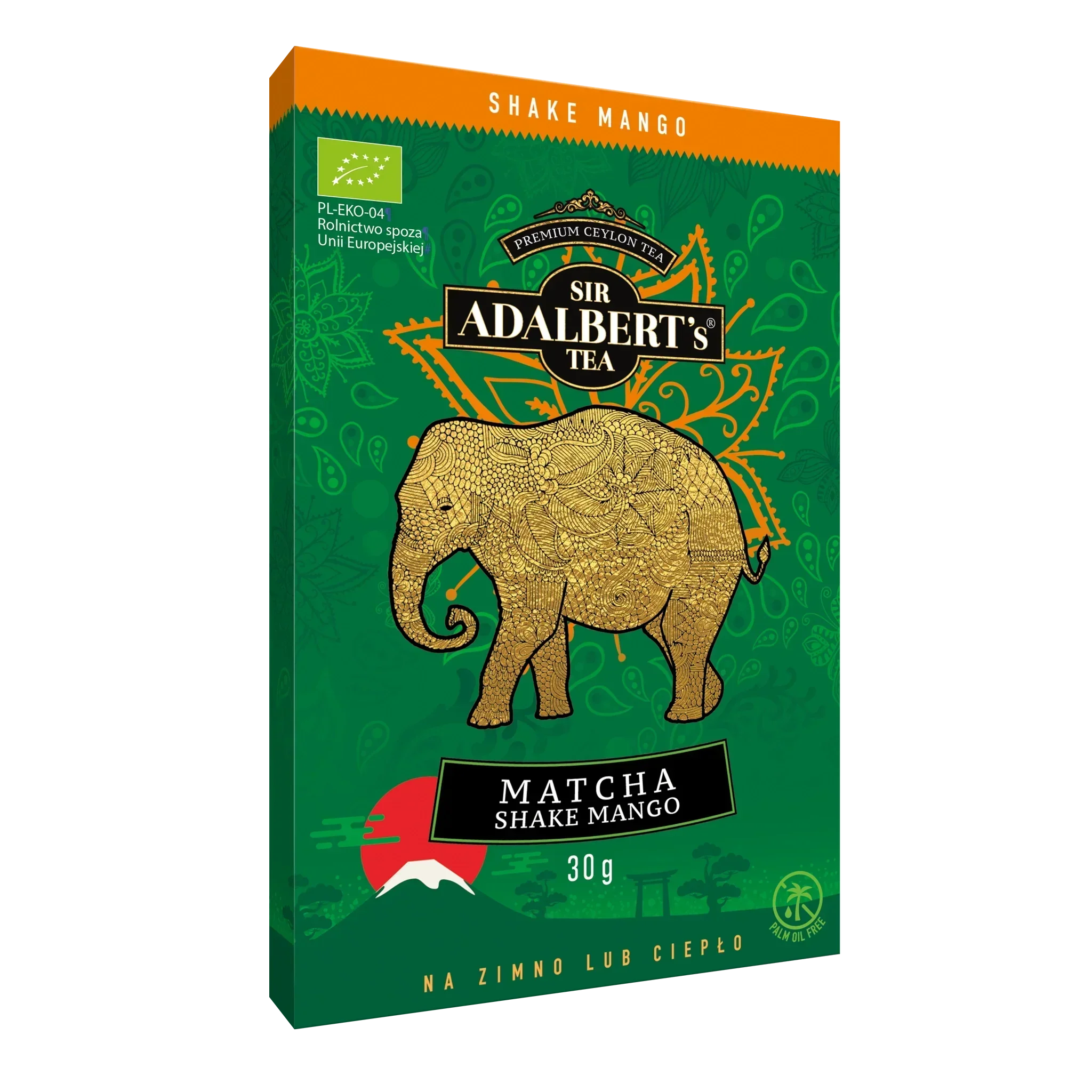 Opakowanie herbaty Sir Adalbert's Matcha Shake Mango 30g z zielonym i pomarańczowym motywem i złotym słoniem
