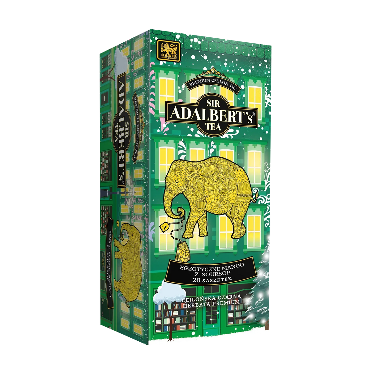 Opakowanie herbaty Sir Adalbert's z żółtym słoniem i motywem mango oraz soursop na zielonym tle