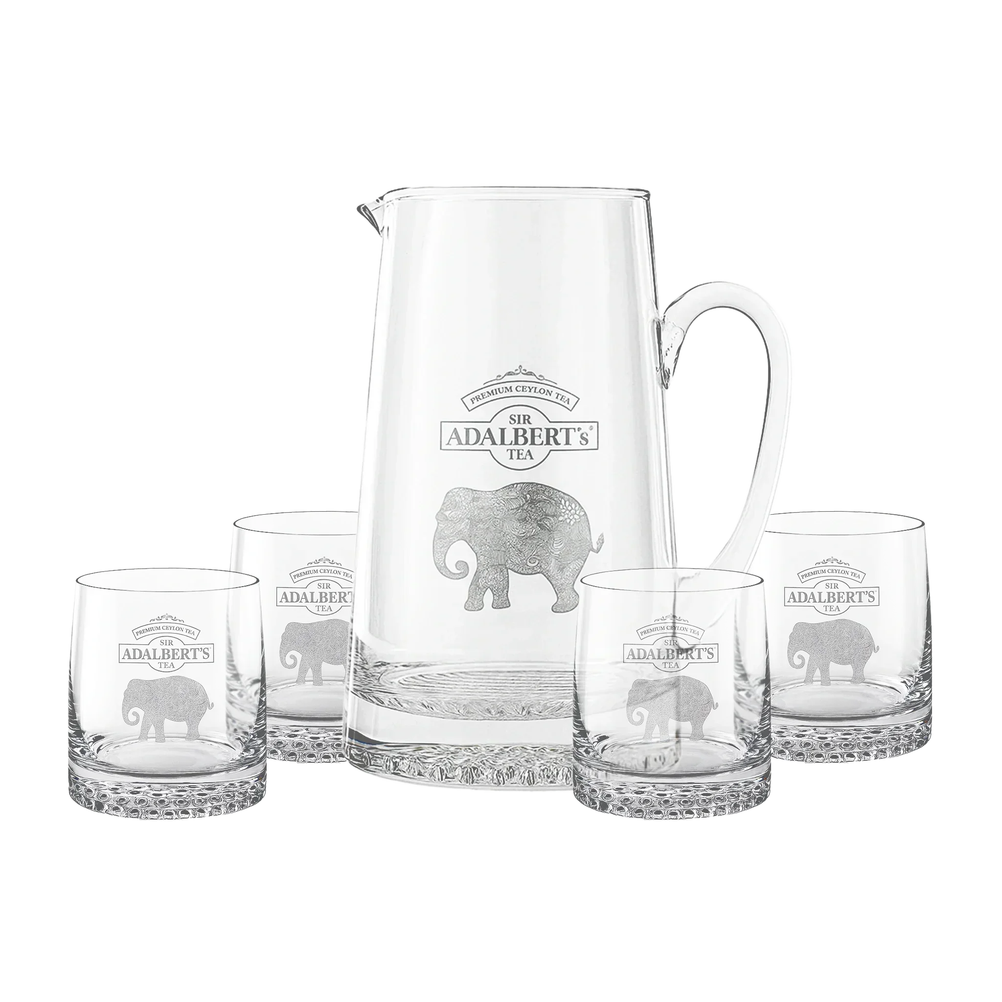 Przezroczysty zestaw szklanek i dzbanek Sir Adalbert's Tea z motywem słonia