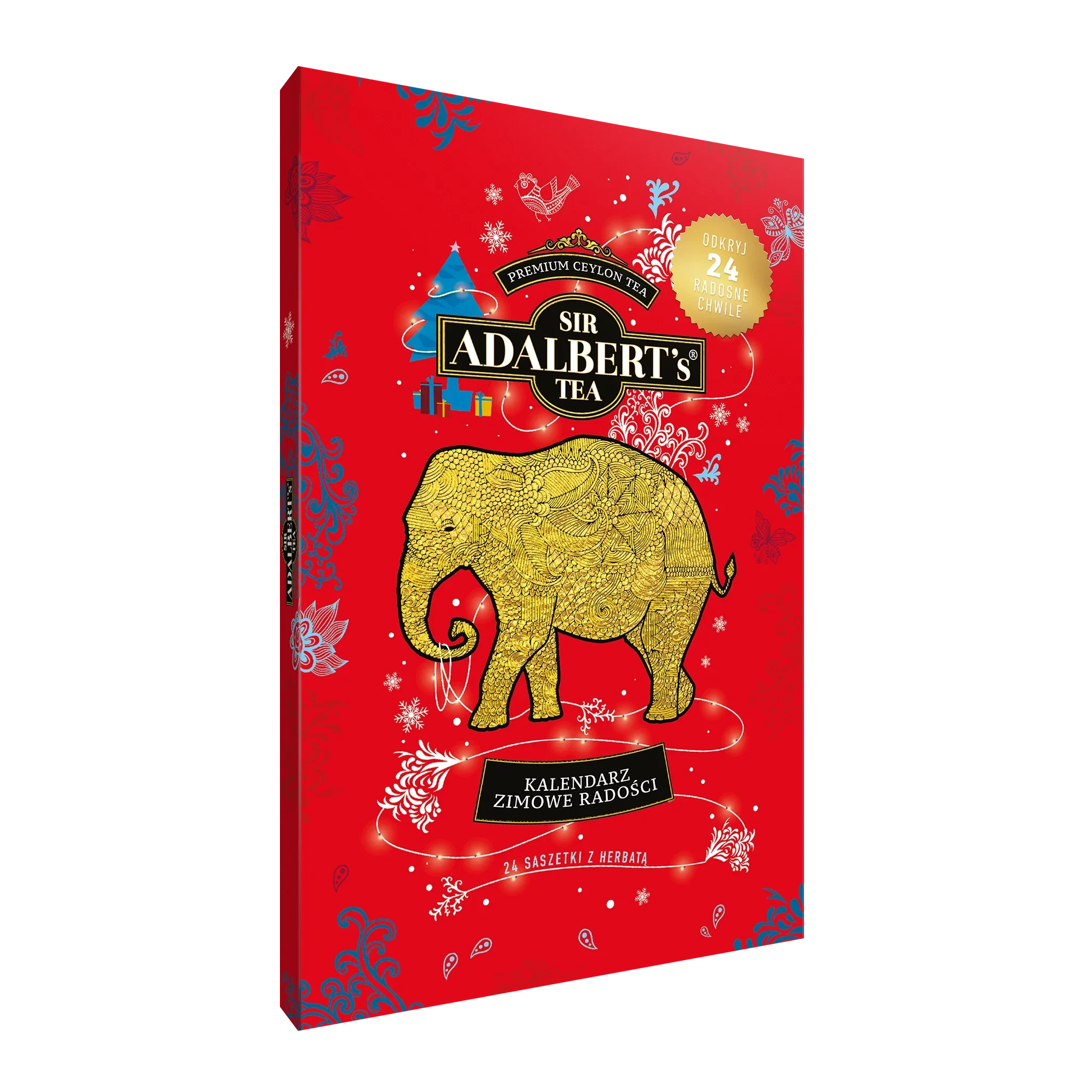 Kalendarz adwentowy Sir Adalbert's Tea zimowe radości z 24 saszetkami herbaty, czerwony z ozdobnym złotym słoniem
