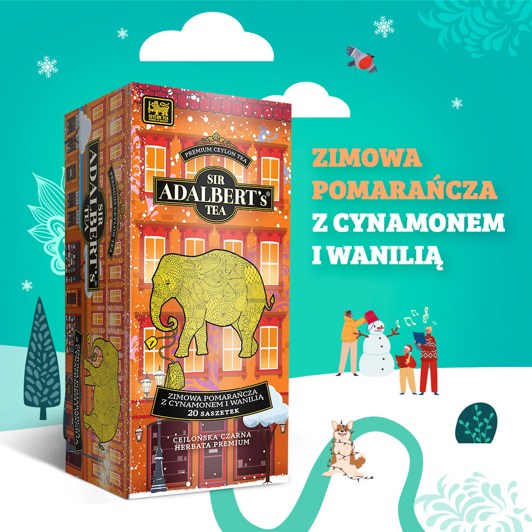 Opakowanie herbaty Sir Adalbert's Zimowa Pomarańcza z cynamonem i wanilią na zimowym tle z bałwanem i psem