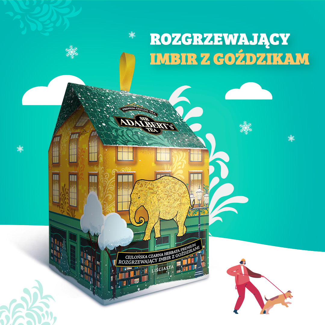 Herbata Sir Adalbert's w opakowaniu domku z motywem słonia i zimową scenerią, imbir z goździkiem