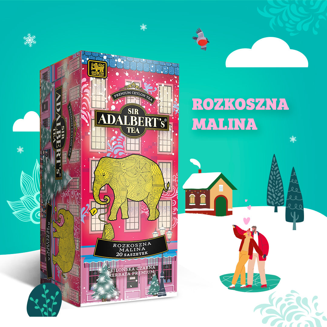 Opakowanie herbaty Sir Adalbert's Rozkoszna Malina z żółtym słoniem i zimową sceną