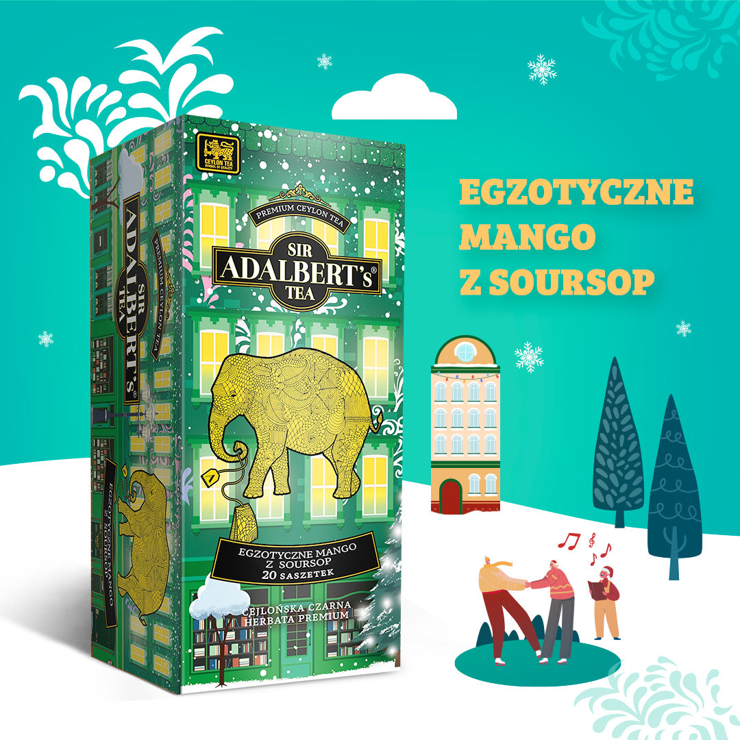 Opakowanie herbaty Sir Adalbert's o smaku egzotycznego mango z soursop, zielona grafika z słoniem