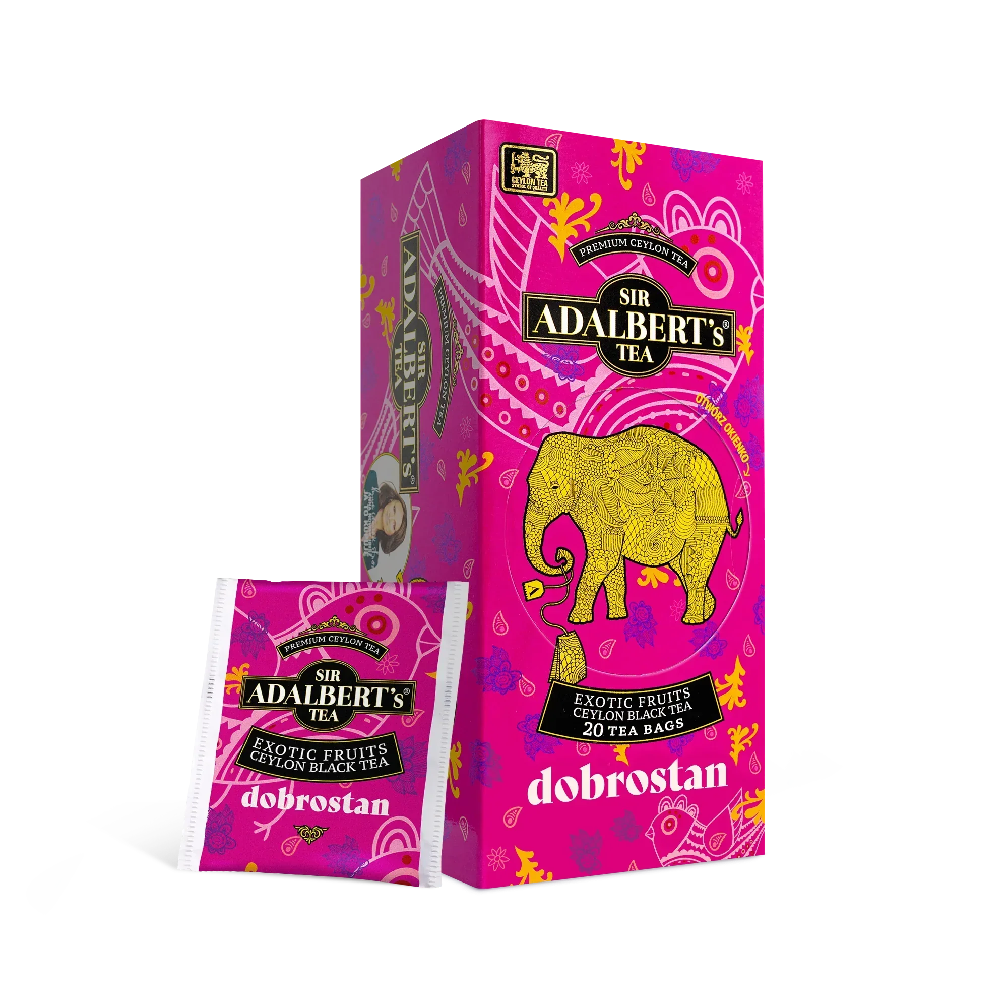 Opakowanie i torebka herbaty Sir Adalbert's Exotic Fruits Ceylon Black Tea z żółtym słoniem na różowym tle