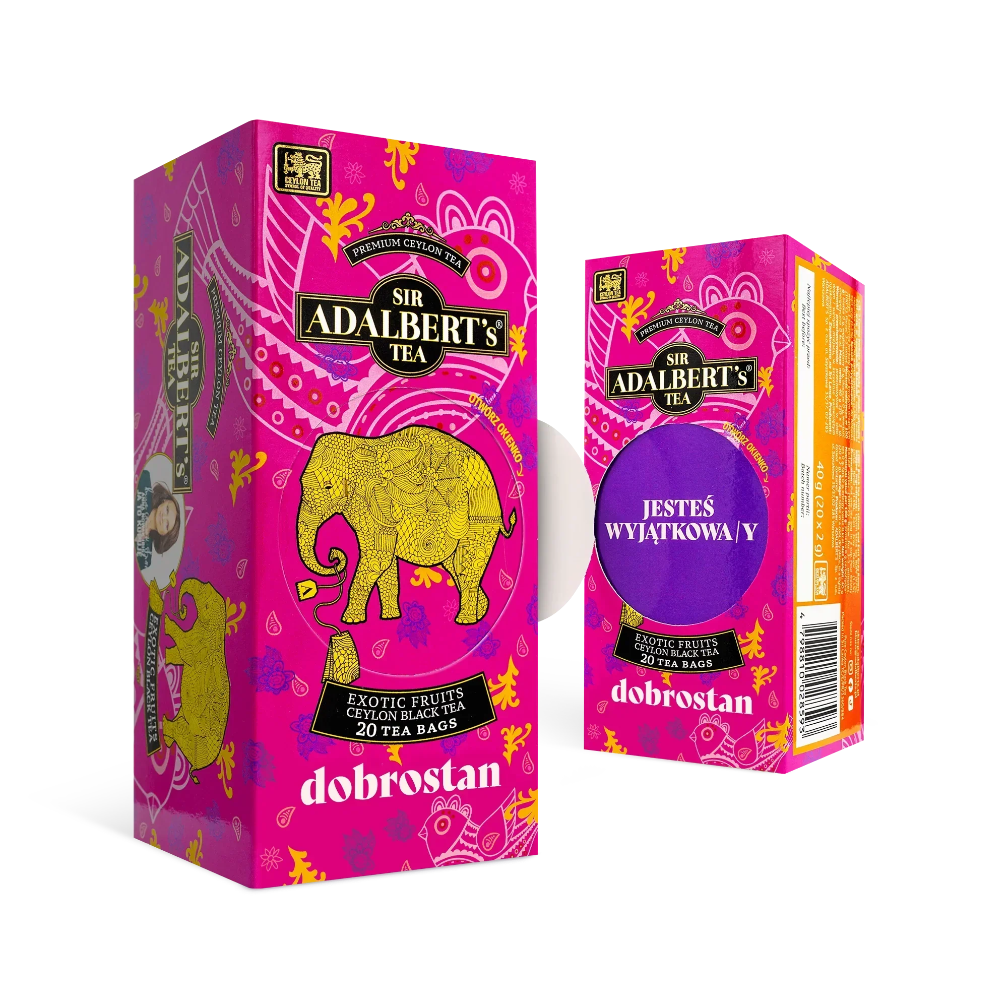 Herbata Sir Adalbert's Exotic Fruits Ceylon black tea w 20 saszetkach, różowe opakowanie z ilustracją słonia