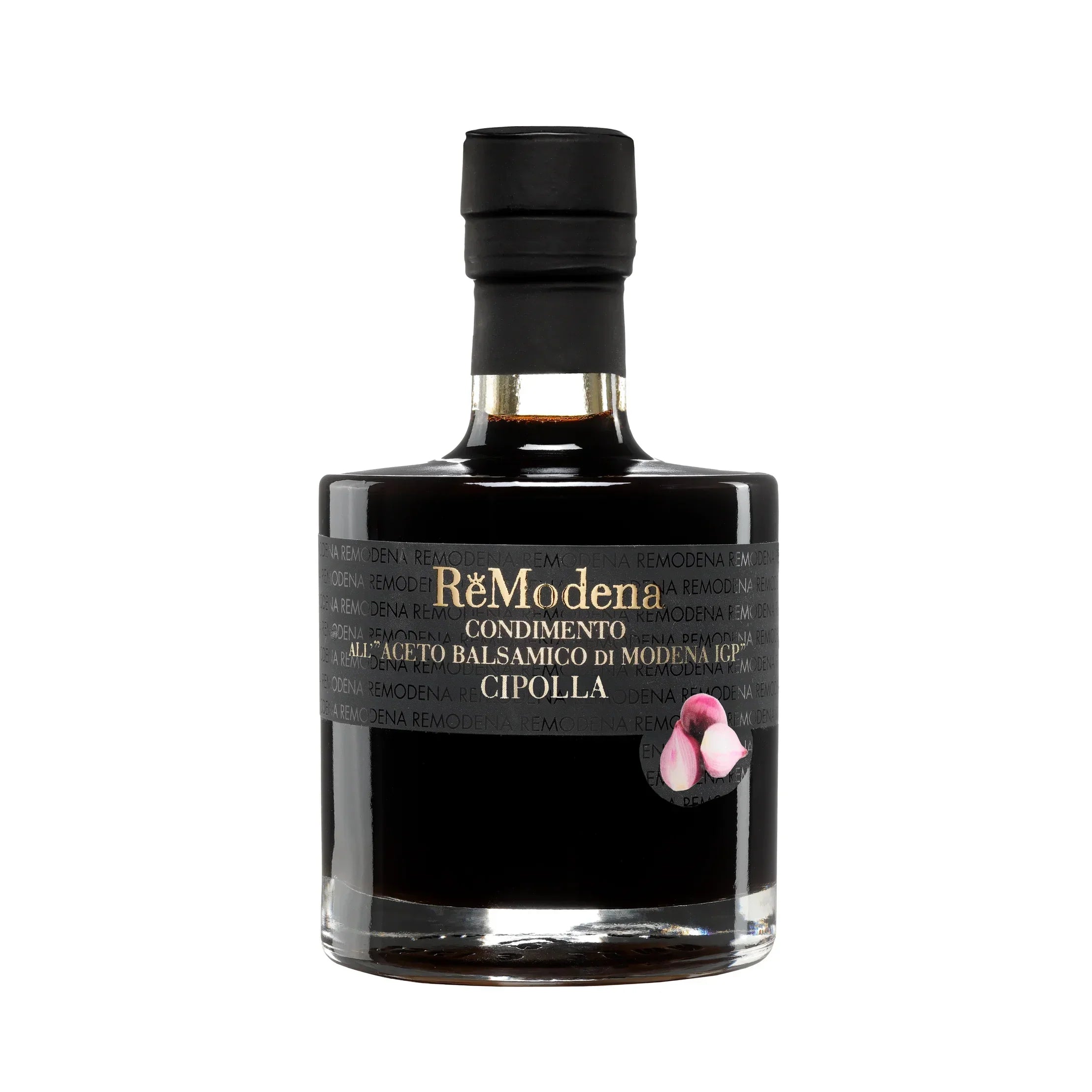 Butelka octu balsamicznego ReModena z dodatkiem cebuli, czarna etykieta z różową cebulą