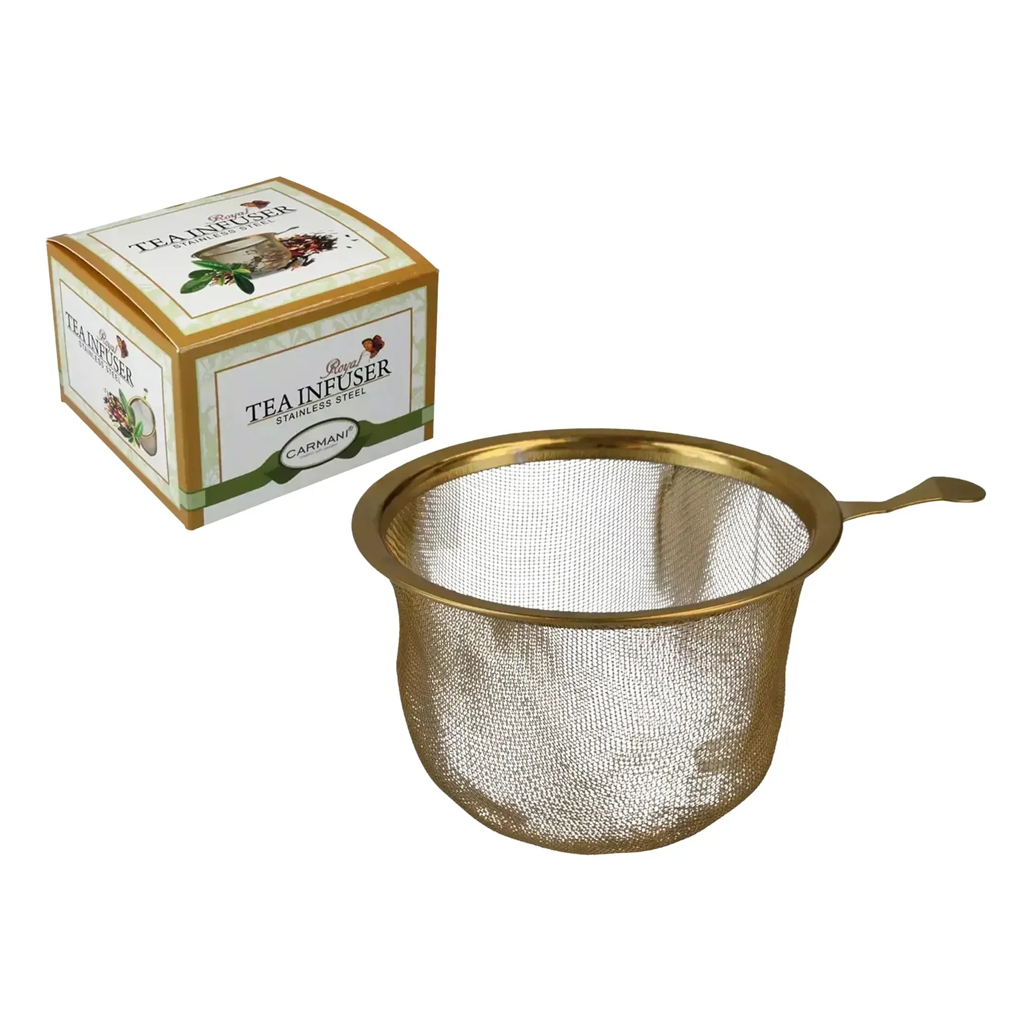 Colino da tè placcato oro con manico