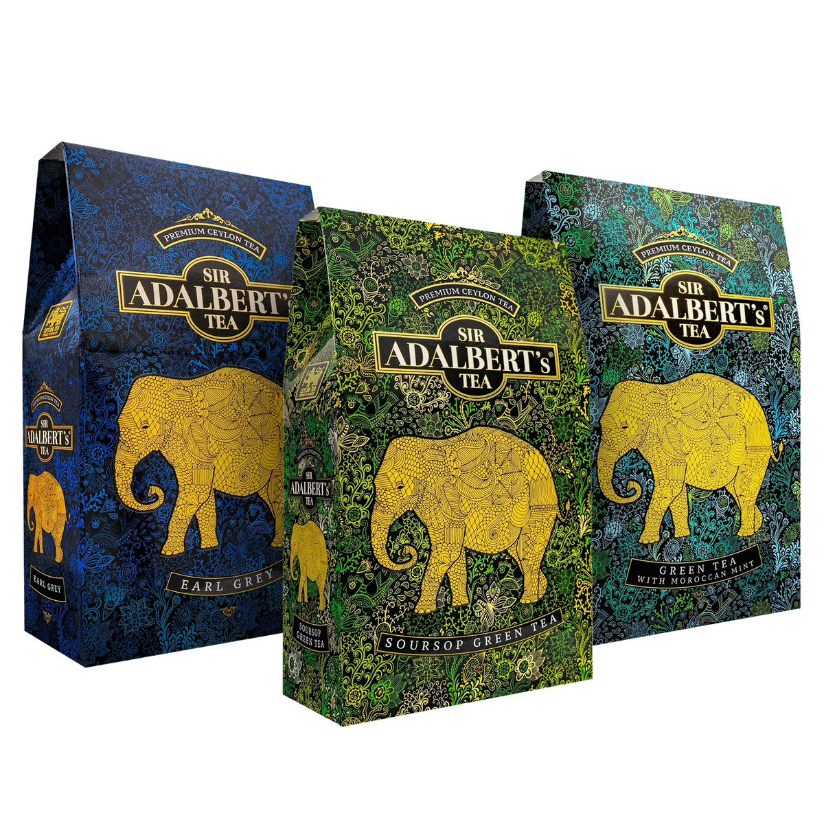 Trzy kartoniki herbat liściastych Sir Adalbert's Tea: Earl Grey, Soursop Green Tea i Green Tea with Moroccan Mint