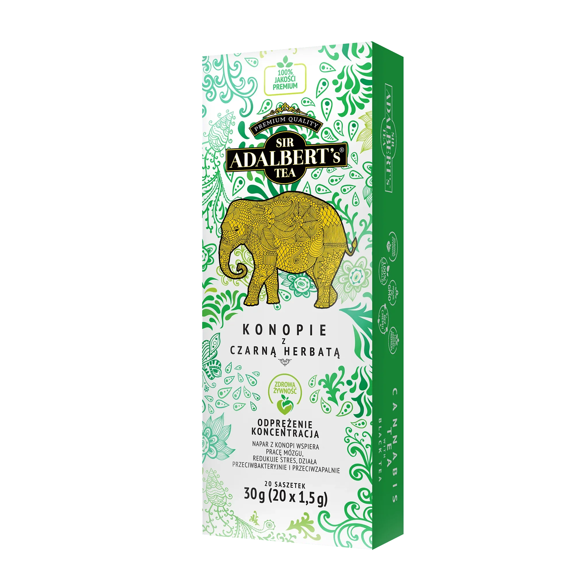 Opakowanie herbaty Sir Adalbert's Tea konopie z czarną herbatą, zielono-biały design, żółty ozdobny słoń