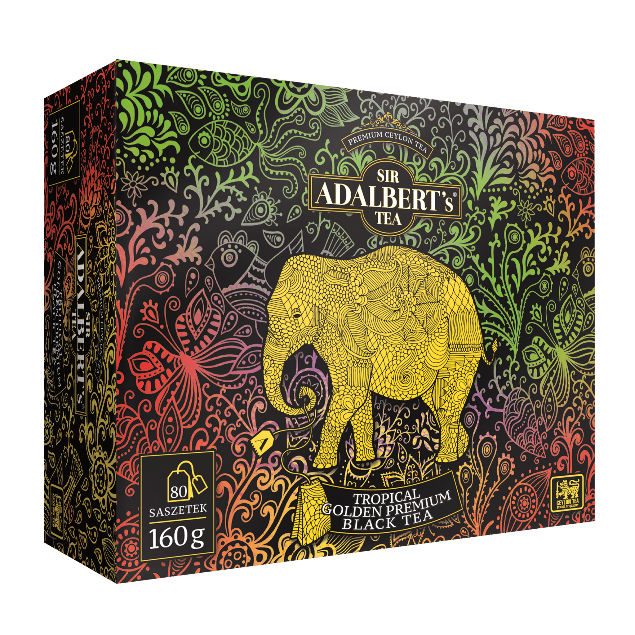 Opakowanie herbaty Sir Adalbert's Tropical Golden Premium Black Tea 160g, 80 saszetek, kolorowy wzór z elefantem