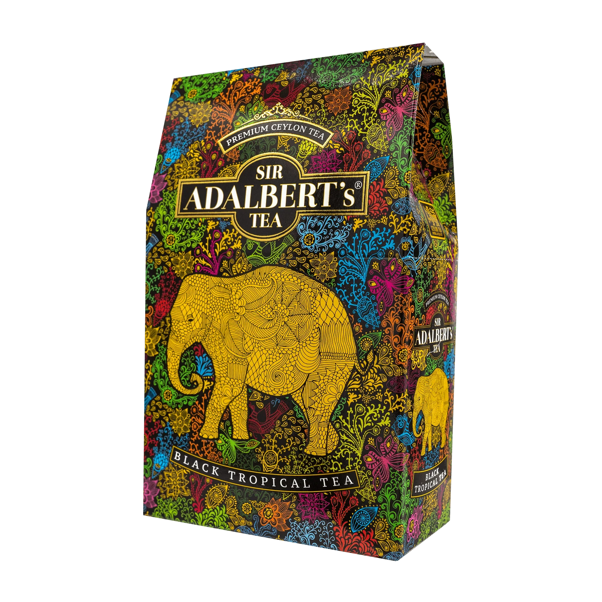 Opakowanie herbaty Sir Adalbert's Black Tropical Tea z kolorowym wzorem i żółtym słoniem