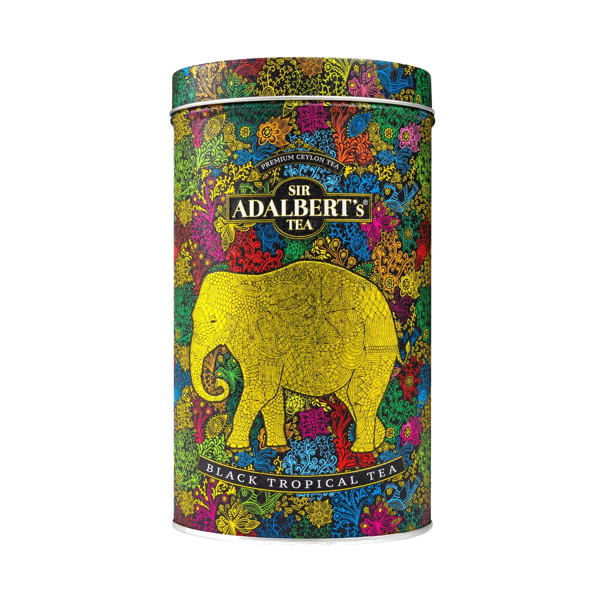 Kolorowa puszka herbaty Sir Adalbert's Black Tropical Tea z żółtym wzorem słonia i tropikalnymi motywami