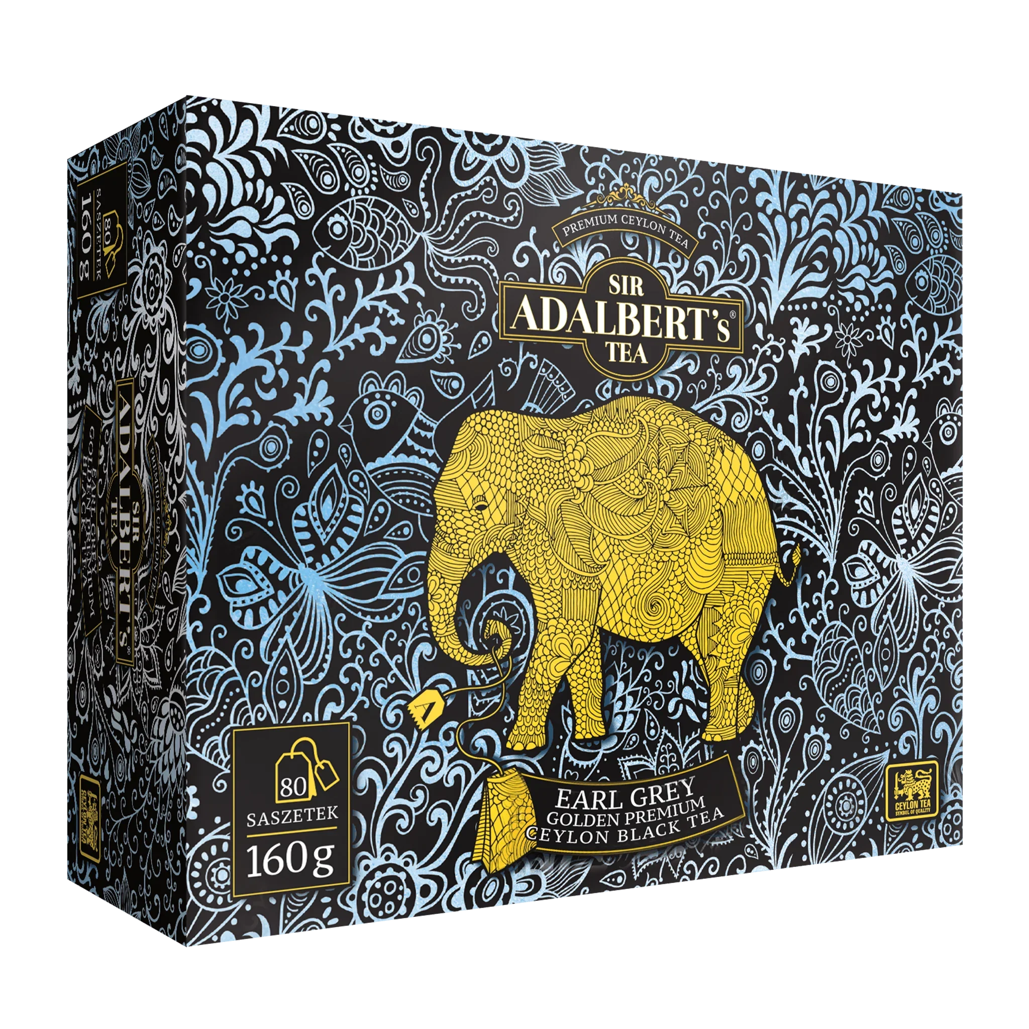 Opakowanie herbaty Sir Adalbert's Earl Grey, czarna herbata Ceylon, 80 saszetek 160g, zdobiony wzór z żółtym słoniem