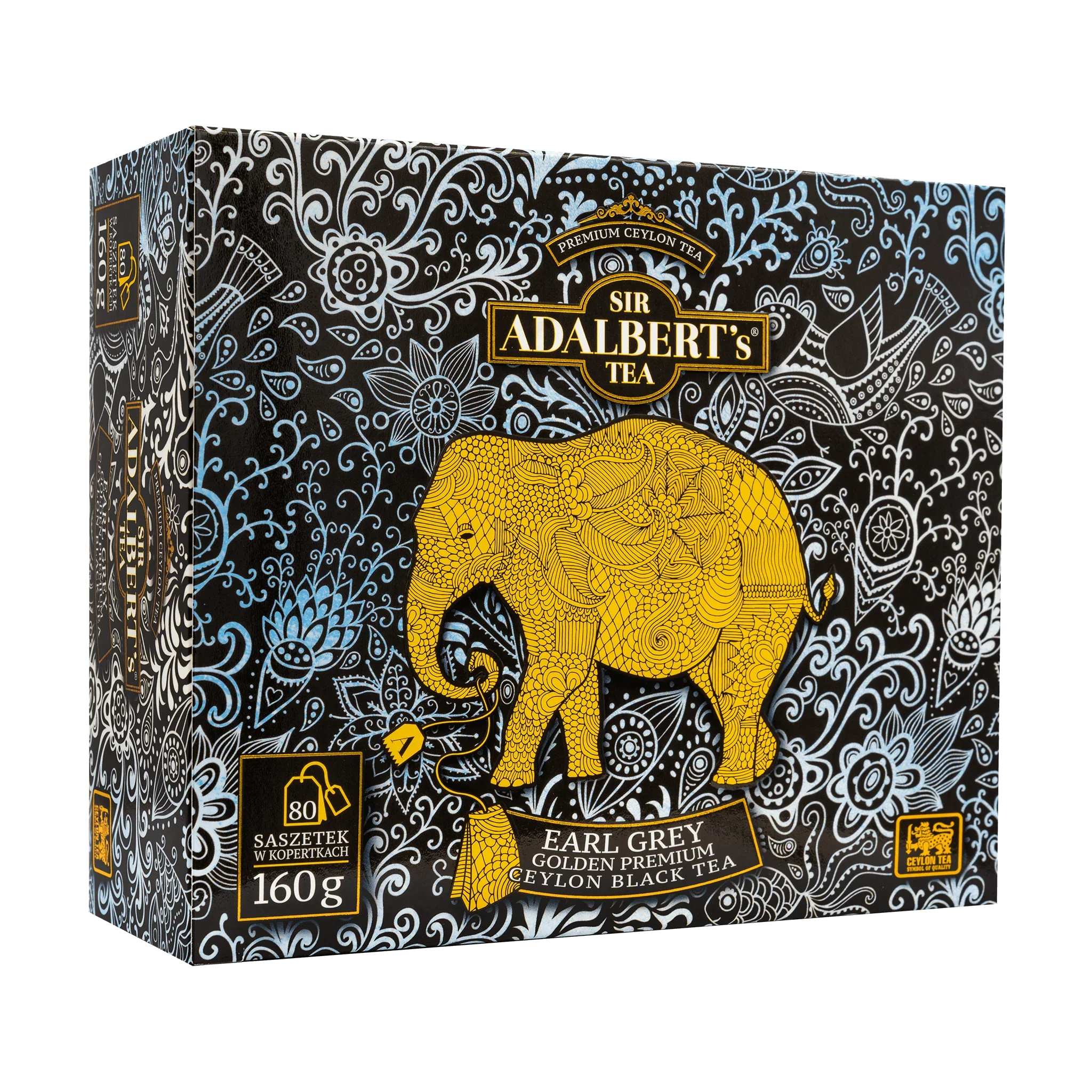 Pudełko herbaty Sir Adalbert's Earl Grey 160g, 80 saszetek, czarna herbata Ceylon, złoty wzór słonia