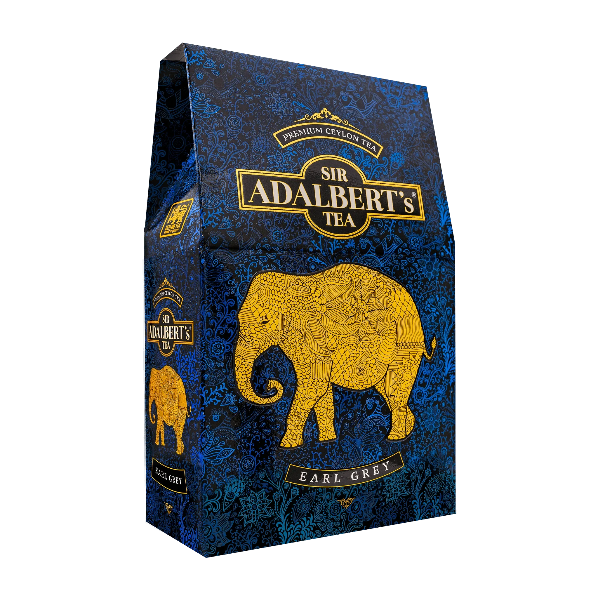 Opakowanie herbaty Sir Adalbert's Tea Earl Grey z ornamentem słonia na ciemnoniebieskim tle
