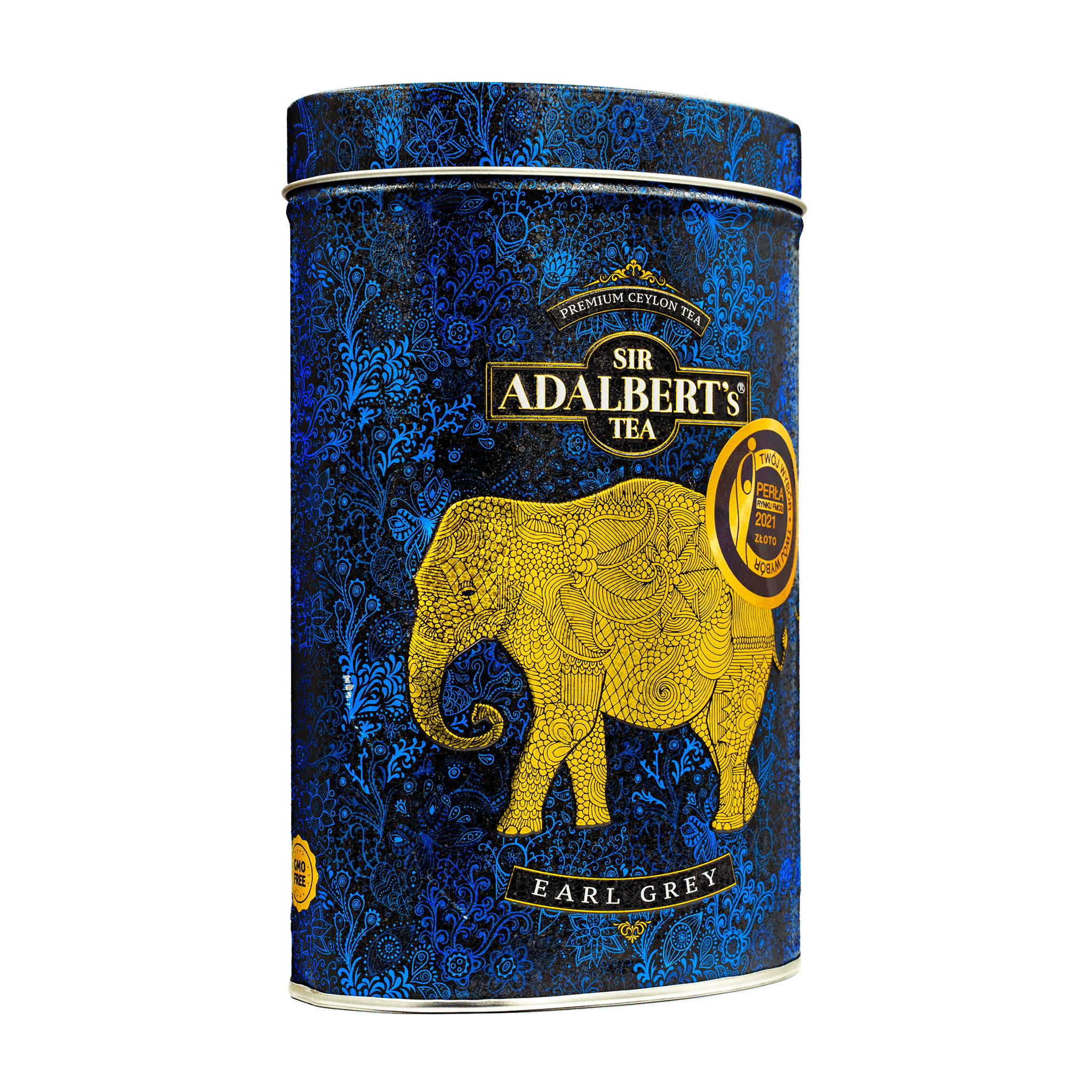 Puszka czarnej herbaty Sir Adalbert's Tea Earl Grey z ozdobnym niebiesko-złotym wzorem i słoniem