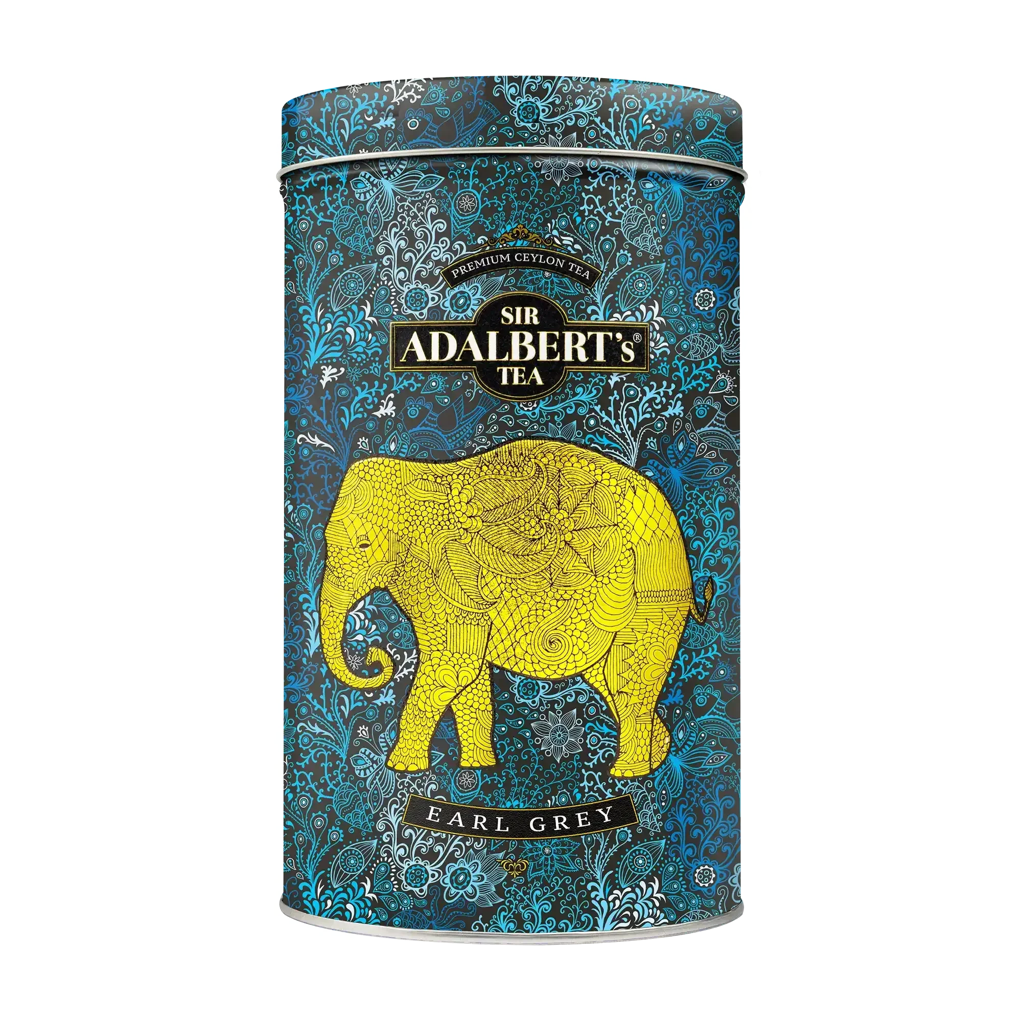 Puszka czarnej herbaty Sir Adalbert's Tea Earl Grey z żółtym słoniem na tle niebiesko-czarnym ornamentem