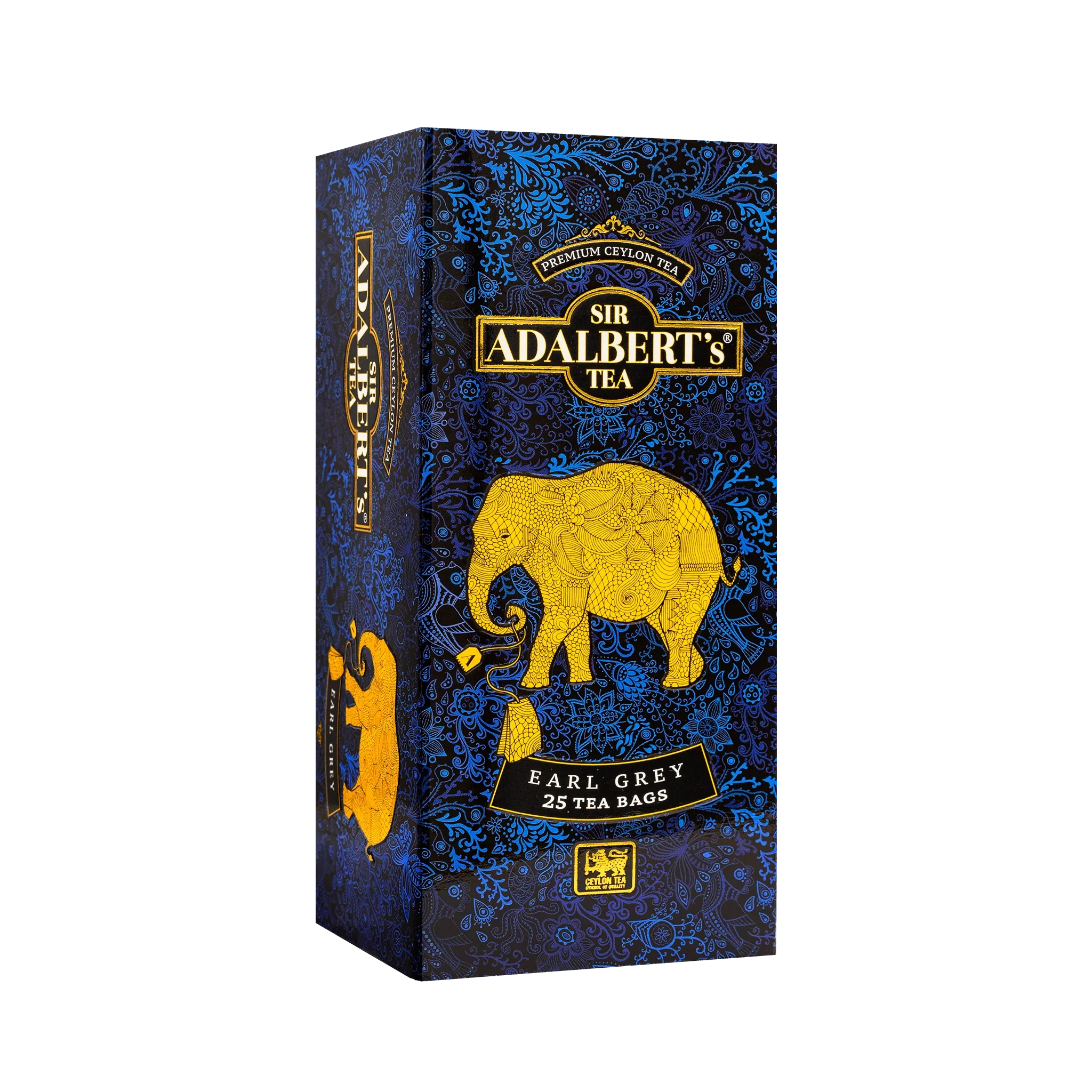 Opakowanie herbaty Sir Adalbert's Tea Earl Grey, 25 saszetek, ciemnoniebieskie z żółtym słoniem