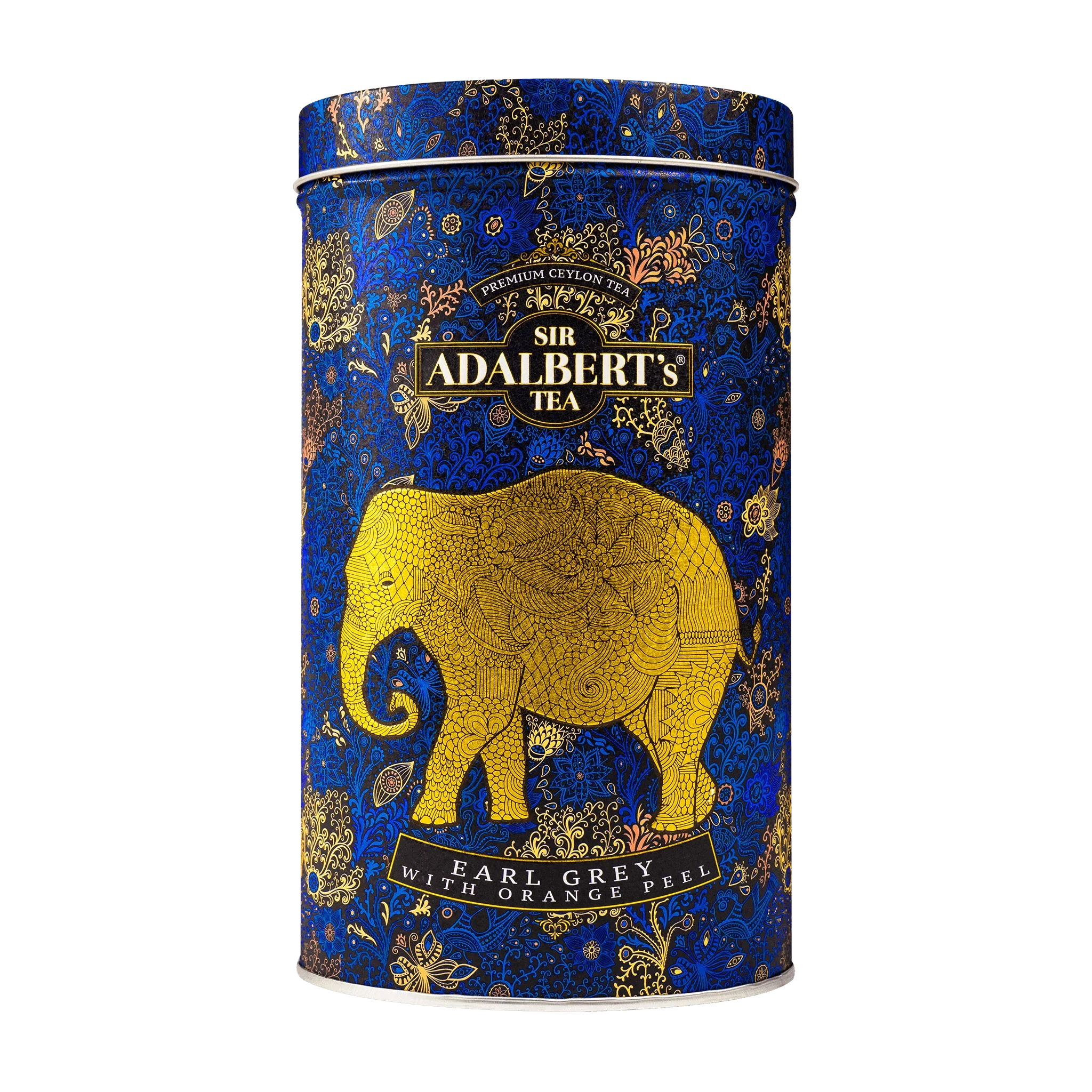 Puszka czarnej herbaty Earl Grey Sir Adalbert's Tea z pomarańczową skórką, niebiesko-złoty wzór