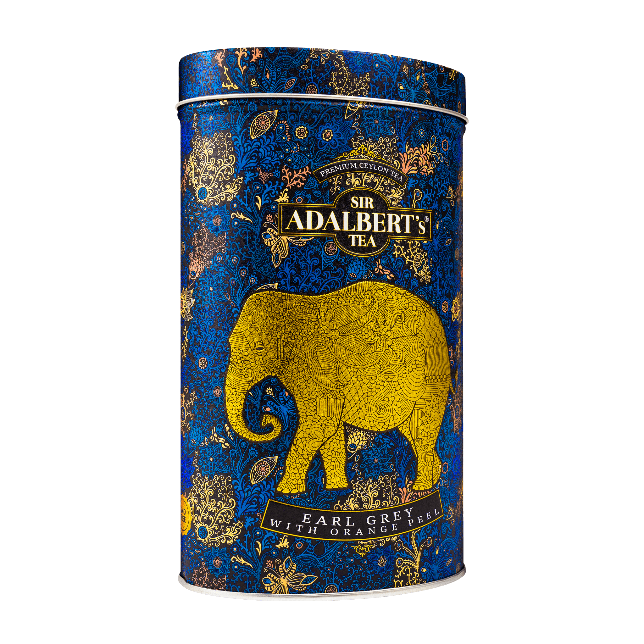 Puszka herbaty Sir Adalbert's Earl Grey z pomarańczą, ozdobiona złotym słoniem na niebieskim tle
