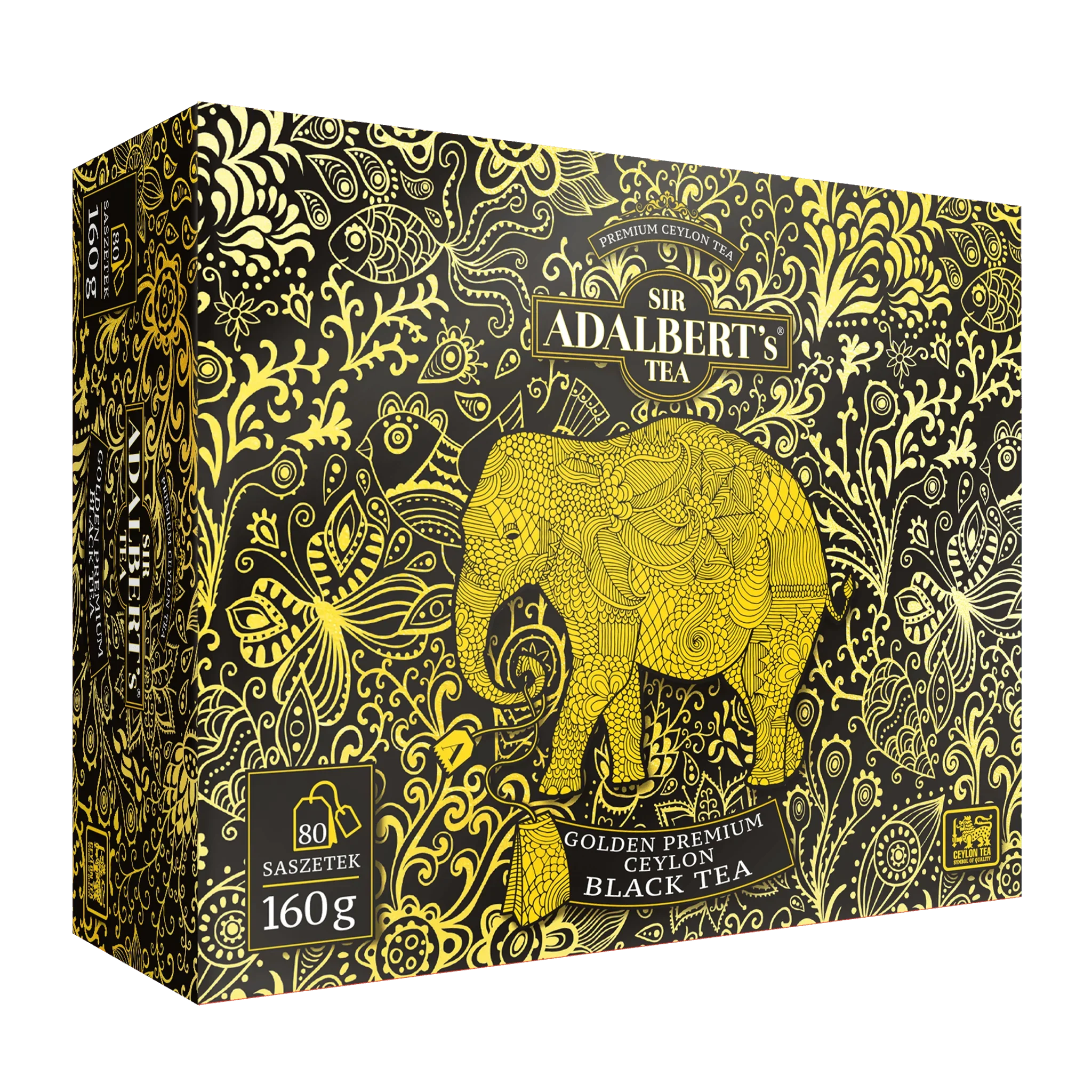 Opakowanie herbaty Sir Adalbert's Tea Golden Premium Ceylon Black Tea 160g, 80 saszetek, złoty ornament i słoń