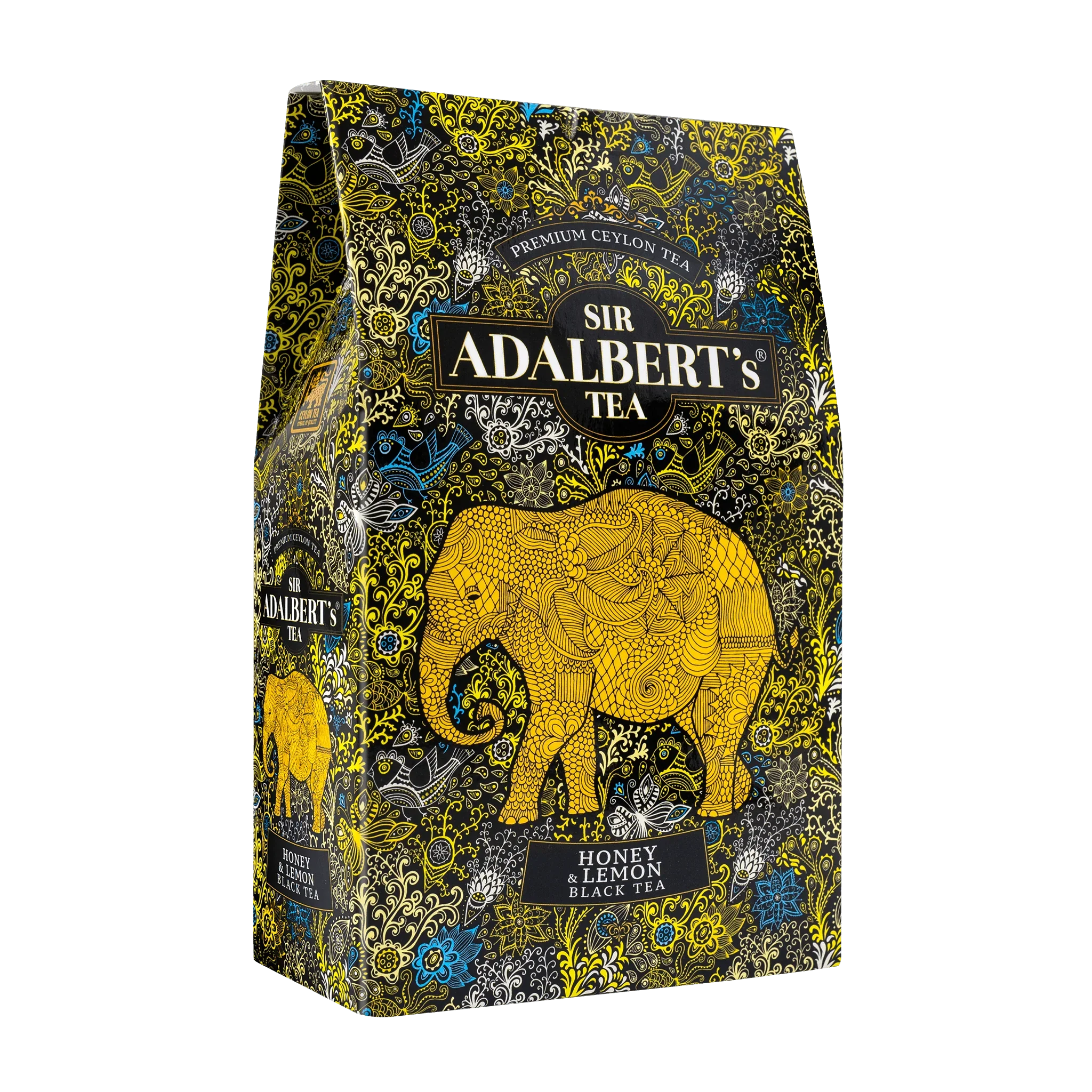 Opakowanie herbaty Sir Adalbert's Tea Honey & Lemon czarna herbata ze wzorem żółtego słonia i kwiatów
