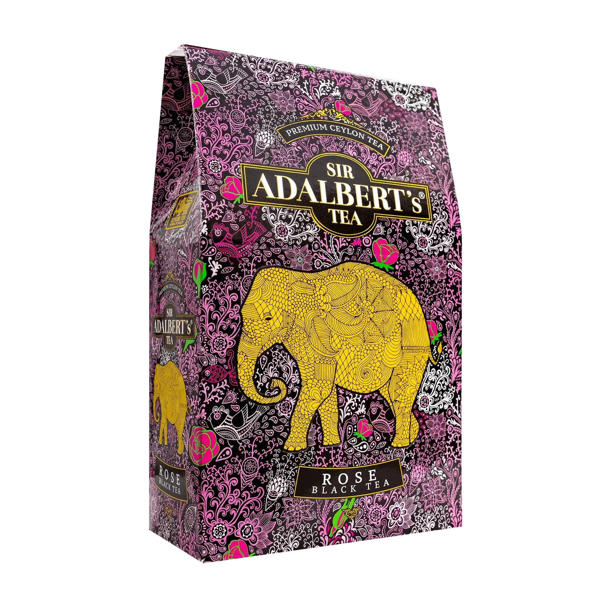 Opakowanie herbaty Sir Adalbert's Tea Rose czarna herbata z żółtym słoniem na fioletowym tle