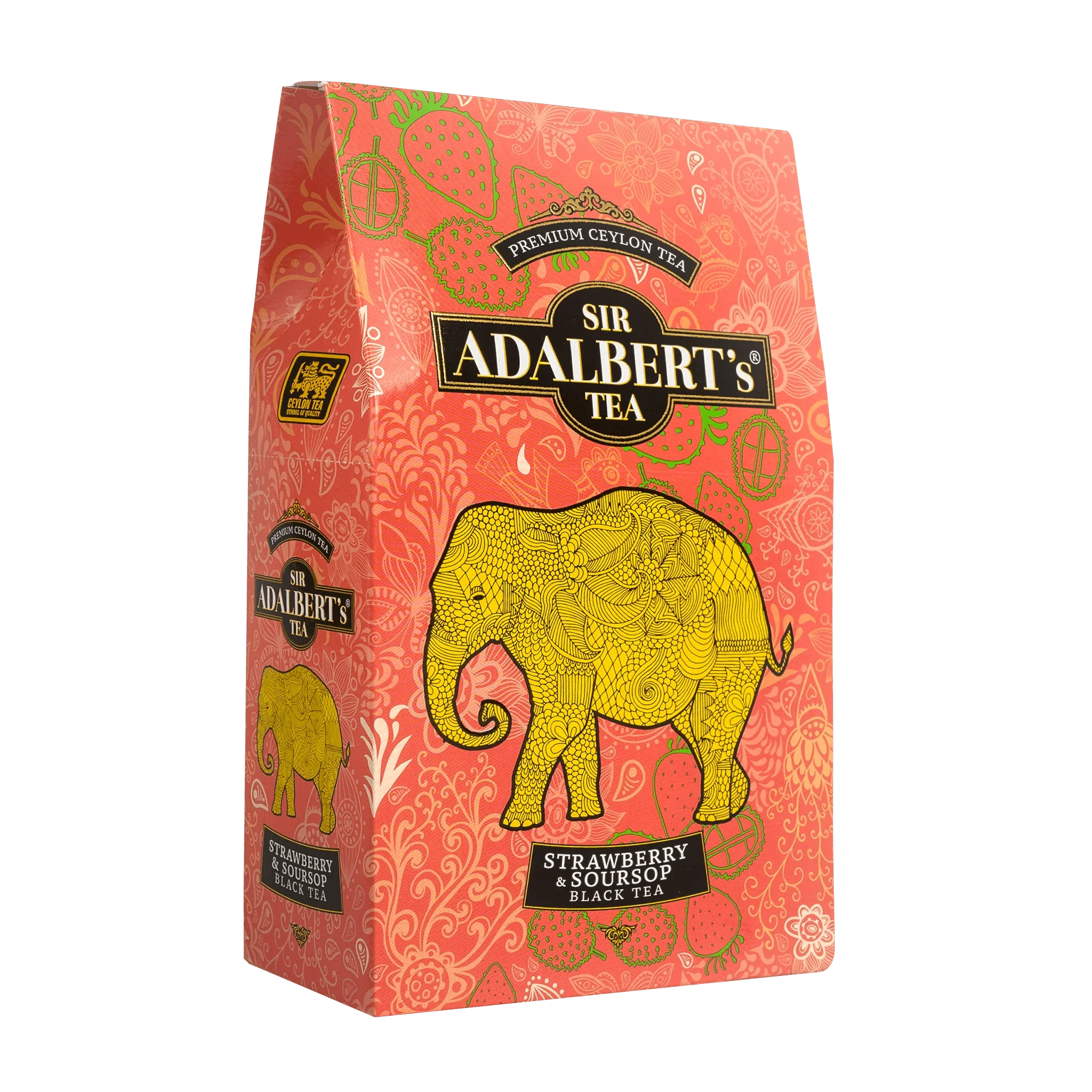 Opakowanie herbaty Sir Adalbert's Tea czarna z truskawką i graviolą ze złotym słoniem
