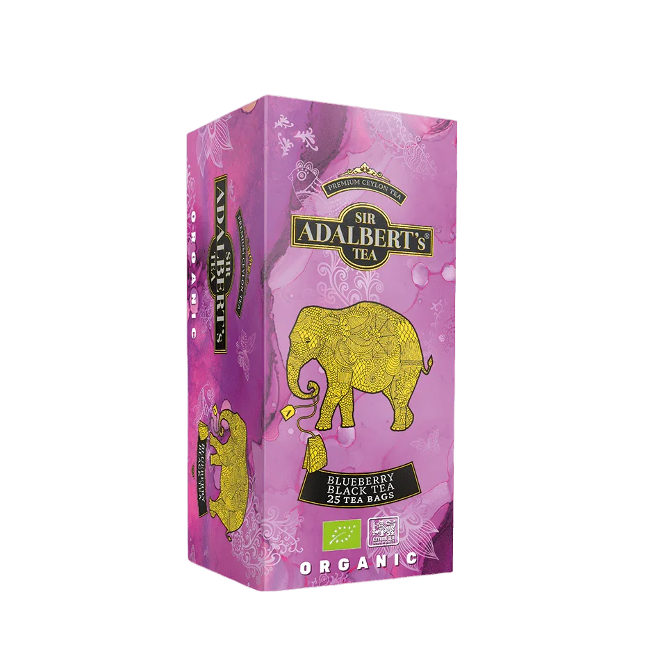 Organiczna herbata czarna Blueberry Sir Adalbert's Tea w torebkach, fioletowe opakowanie z żółtym słoniem