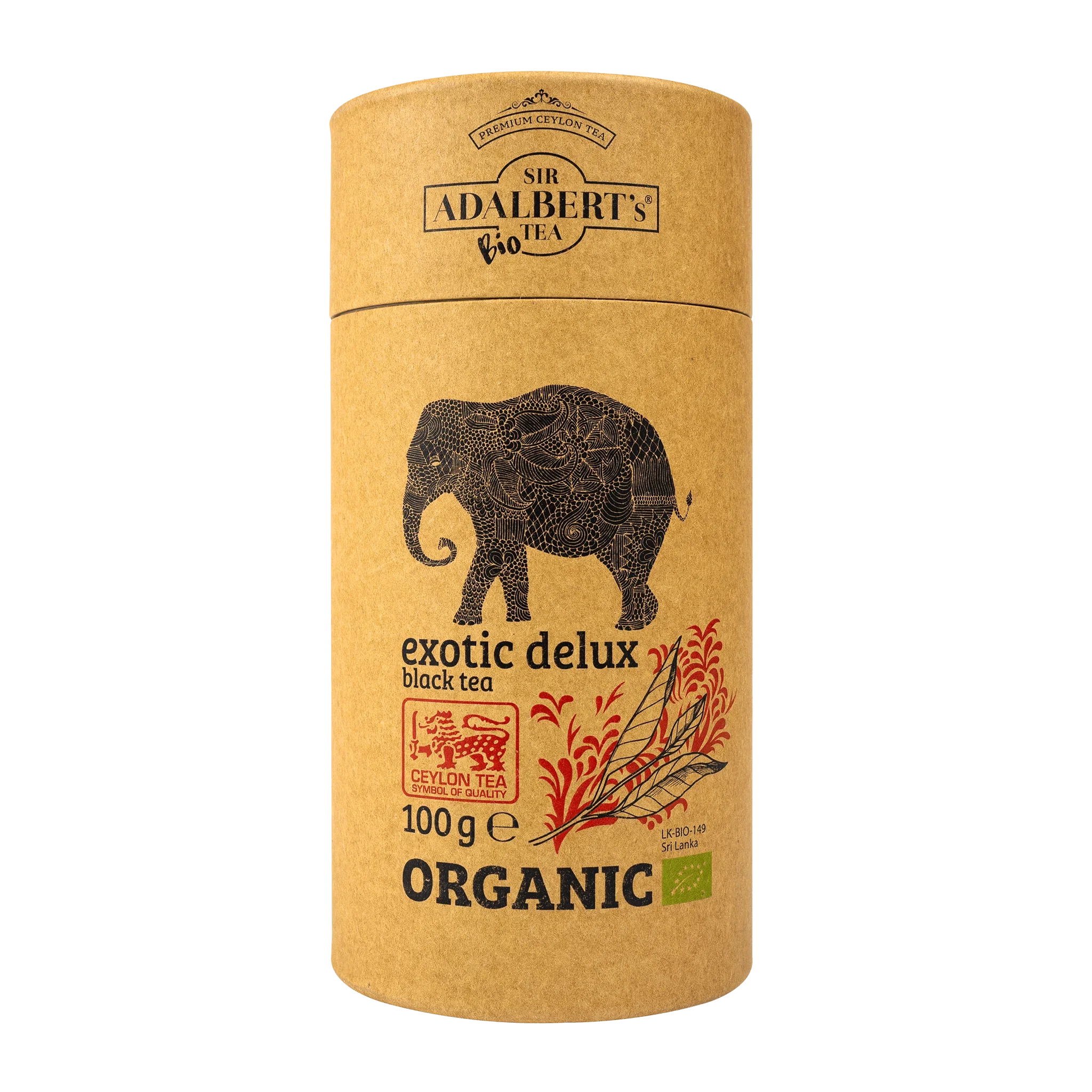 Opakowanie organicznej czarnej herbaty Sir Adalbert's Exotic Delux 100g z motywem słonia i liści herbaty