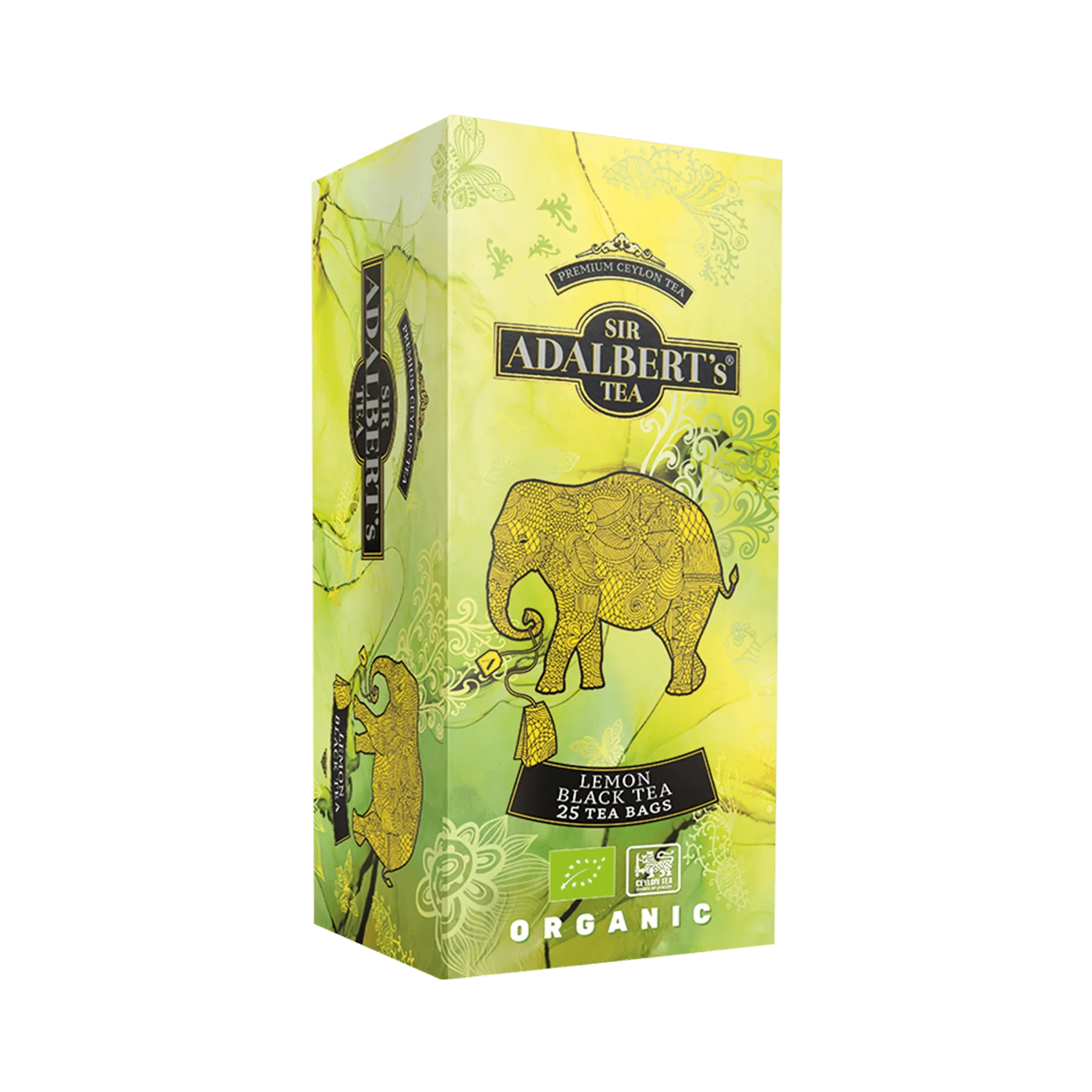 Opakowanie organicznej herbaty Sir Adalbert's Lemon Black Tea, 25 saszetek, cytrynowa herbata czarna