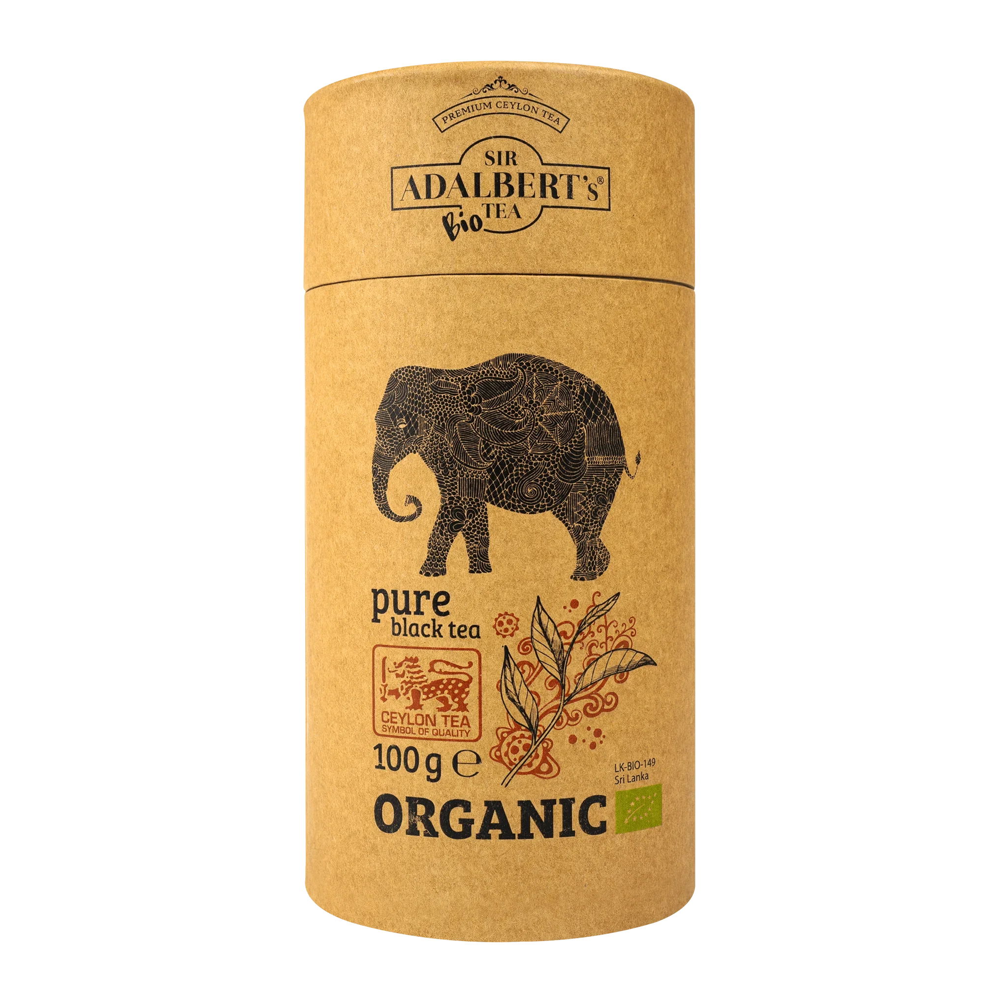 Opakowanie herbaty Sir Adalbert's Organic Pure Black Tea 100g z ilustracją słonia i liści herbaty