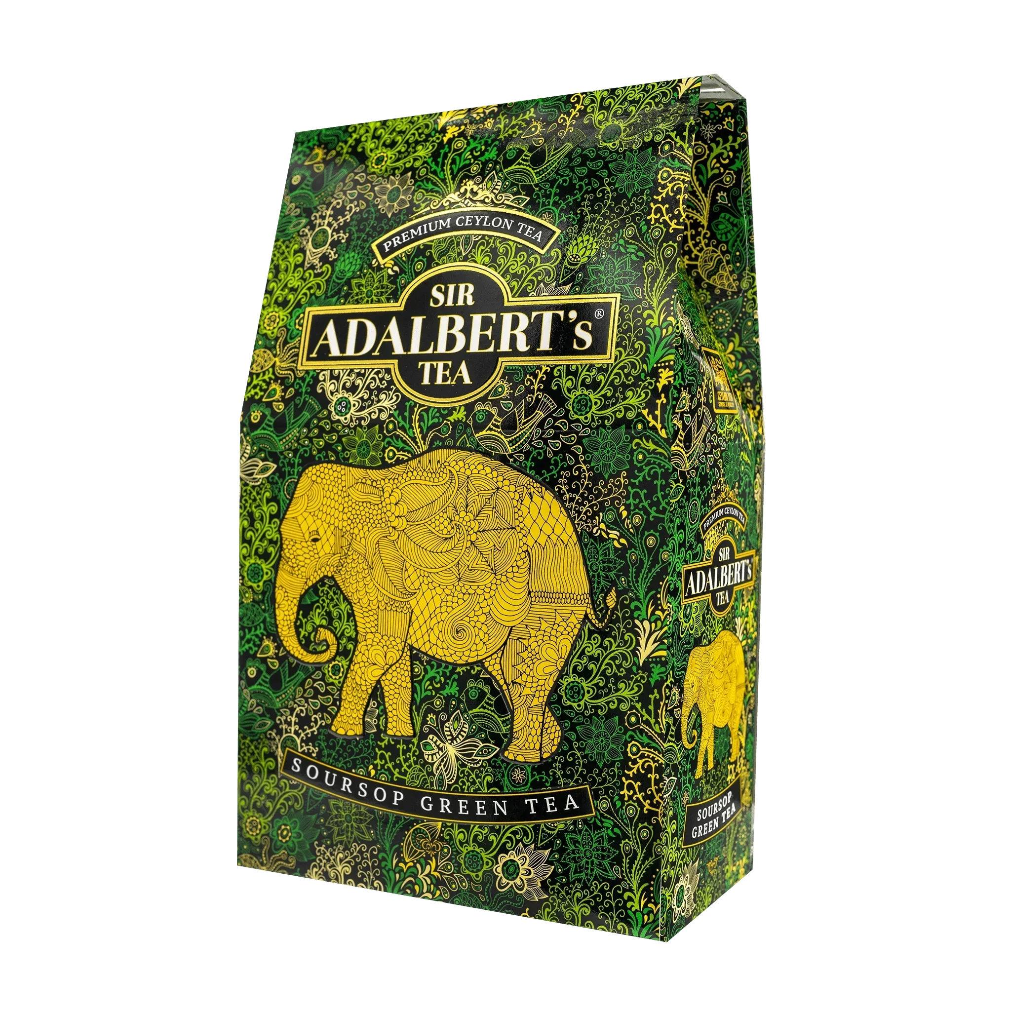 Opakowanie herbaty Sir Adalbert's Soursop Green Tea z ozdobnym zielono-złotym motywem i złotym słoniem