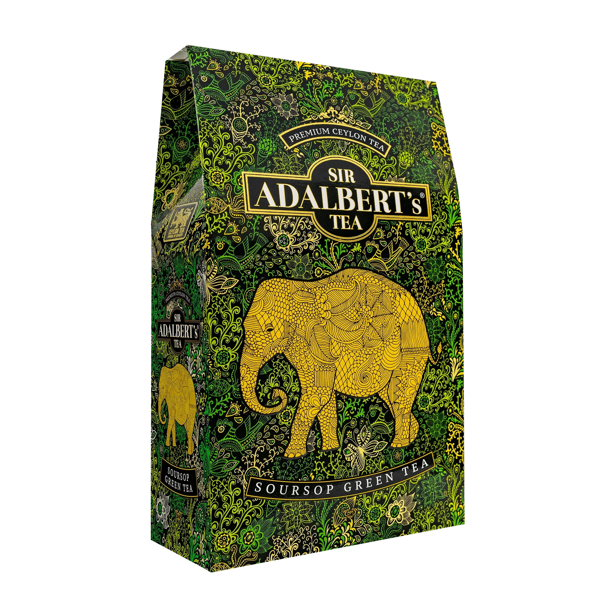 Opakowanie herbaty Sir Adalbert's Soursop Green Tea z ozdobnym żółtym słoniem na zielonym tle z roślinnymi wzorami