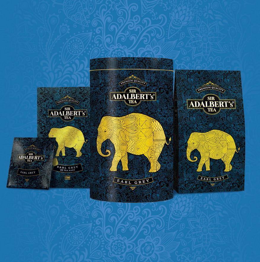 Opakowania herbaty Sir Adalbert's Tea Earl Grey z żółtym słoniem na niebieskim tle