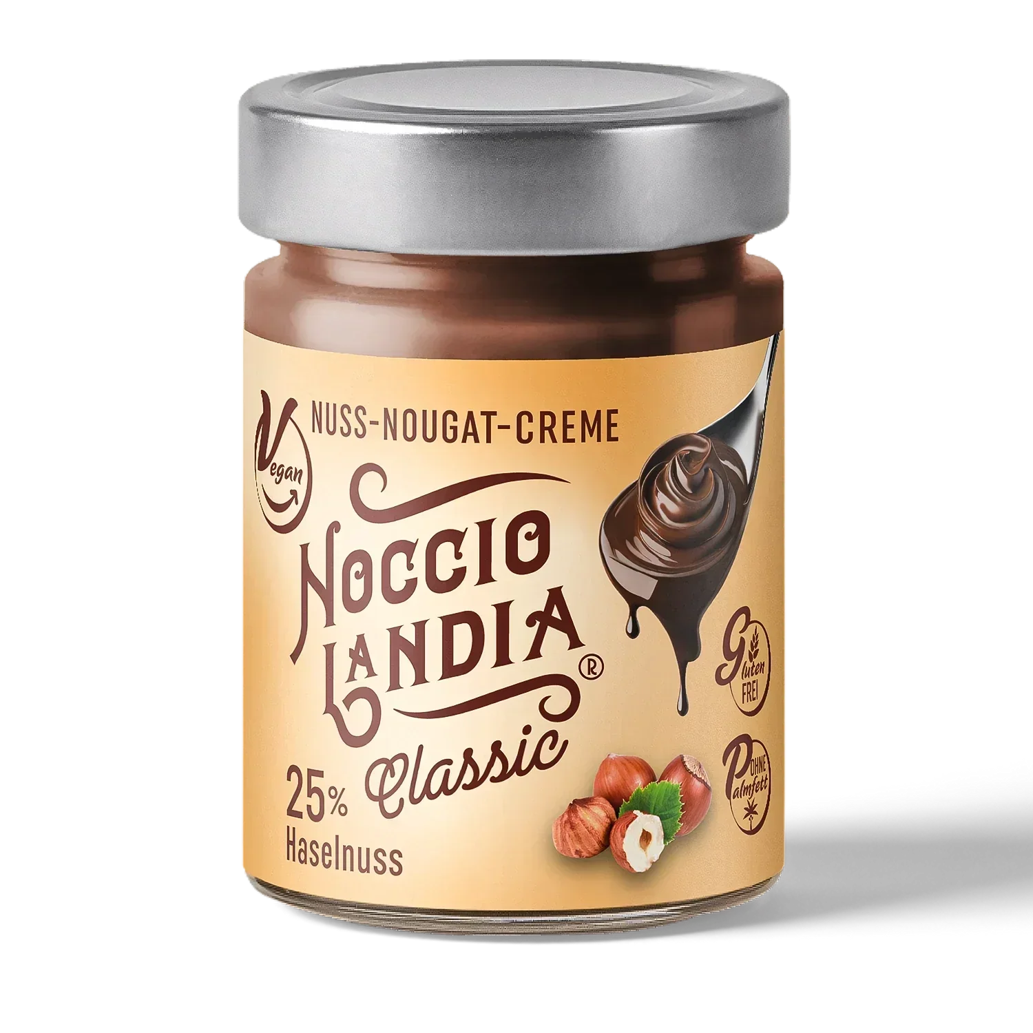 Słoik wegańskiego kremu orzechowego Nocciolandia Classic, 25% orzechów laskowych, bez glutenu